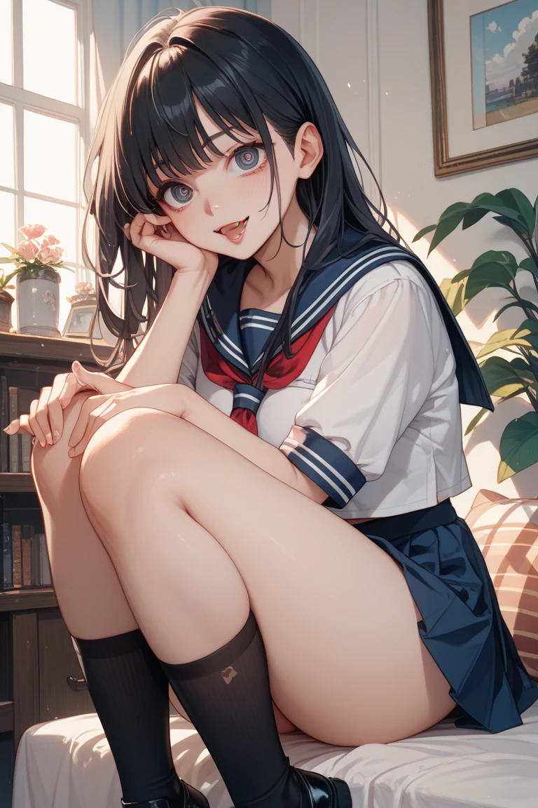 very cute and beautiful girl,(highly detailed beautiful face),
(smile),blush,serafuku,pleated navy blue mini skirt,black hair,sitting,(spread legs,white panties),
wooden classroom,window,distant trees and town,
(best quality,masterpiece:1.0),absurdres,highres,ultra-detailed,extremely detailed,32k,8k resolution,
intricate details,cinematic scene,detailed background,solo,dynamic angle,realistic,