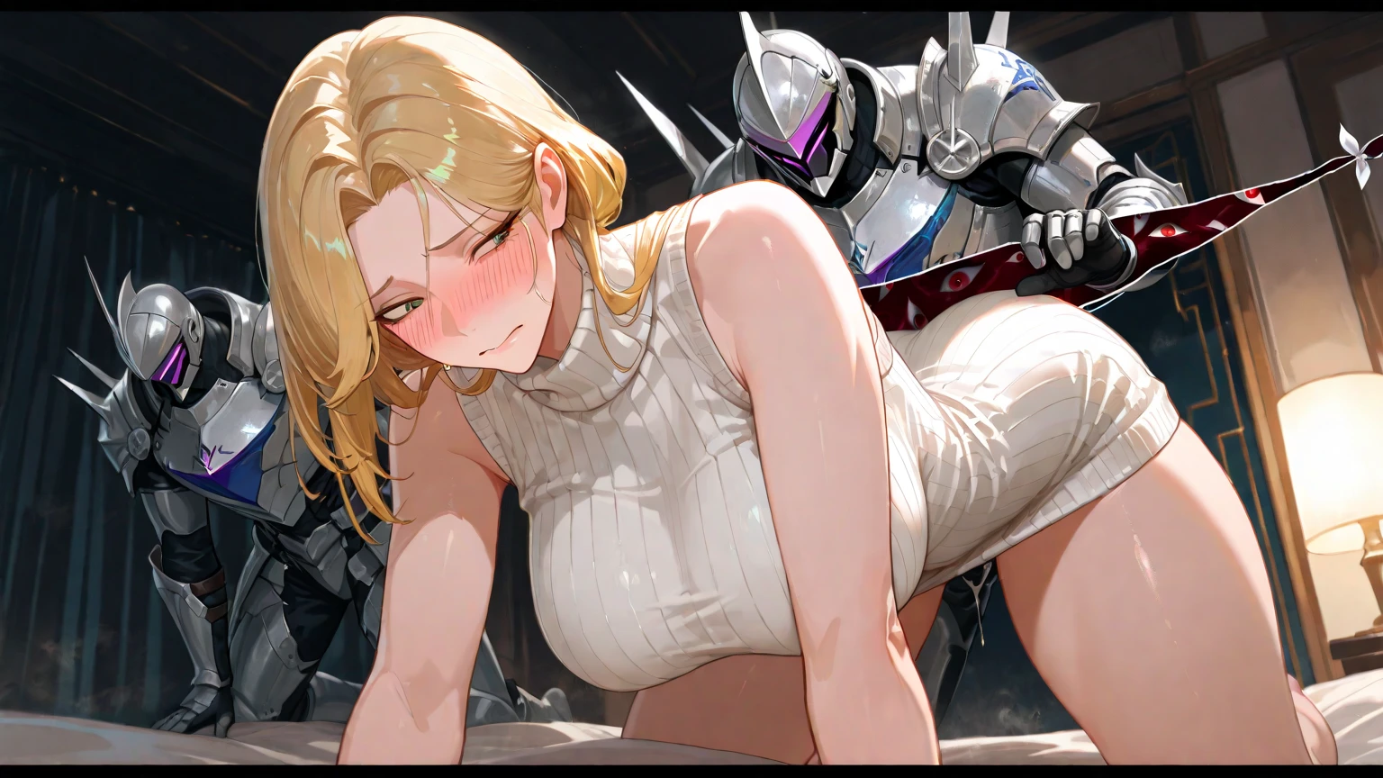 1 mature female,17 age,((Broken Paladin Armor)),((all-fours)),Dynamic Pose,Dynamic Angle,((1 boy:Grabbing a woman's waist)),(SEX),(doggy style),((Doggy sex)),A detailed face,Beautiful expression,beautidful eyes,is crying,motion blur,purple hair, shorth hair), (short-cut, straight hair, forehead, (), dark blue eyes