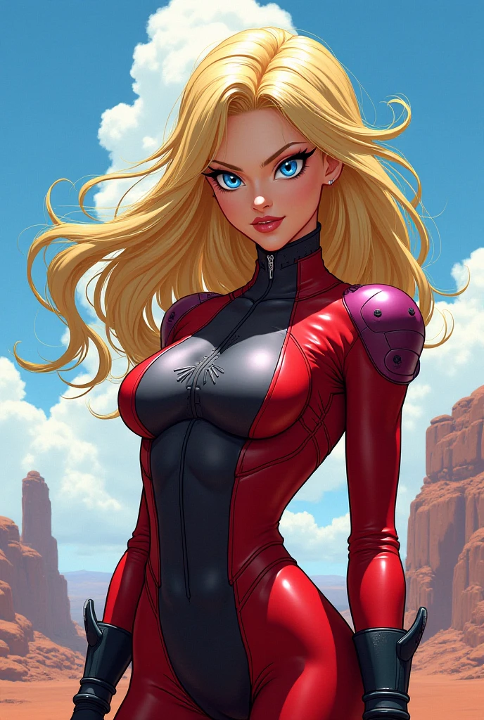full-body potrait of a beautiful photorealistic woman. Margot Robbie as spider woman. super realistic costume, medium length blonde hair. Fringe. Slim body. Toned arms. Huge bust. Black choker on the neck. Like Spider Woman, 1 Girl, Solo, No Duplications, Perfect Anatomy