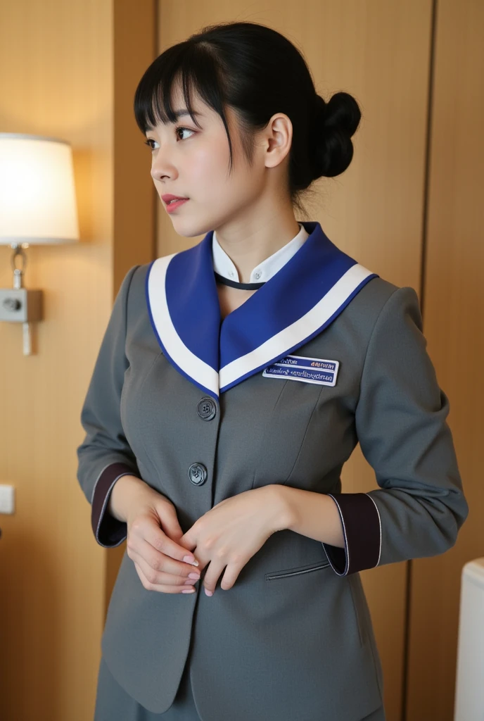 ((Best of the highest quality, 8k, Masterpiece, raw photo: 1.2)), (Sharp focus: 1.2), (1 AESPA, slim body type female, 21 y/o: 1.1), (Solo: 1.28), (realistic, photo-realistic:1.37), face focus, cute face, finely eyes, (droopy eyes: 1.32), (Emphasize prominent aegyo-sal with bright: 1.2), shimmering eyeshadow applied under the lower lash line, paired with thick, (small breasts, flat chest, Thigh: 1.3), (short messy hair, updo, bangs: 1.28), (wearing navy blazer school uniform, skirt: 1.32), (ribbon: 1.1), walking terrace dining, flower, (from below: 1.16)