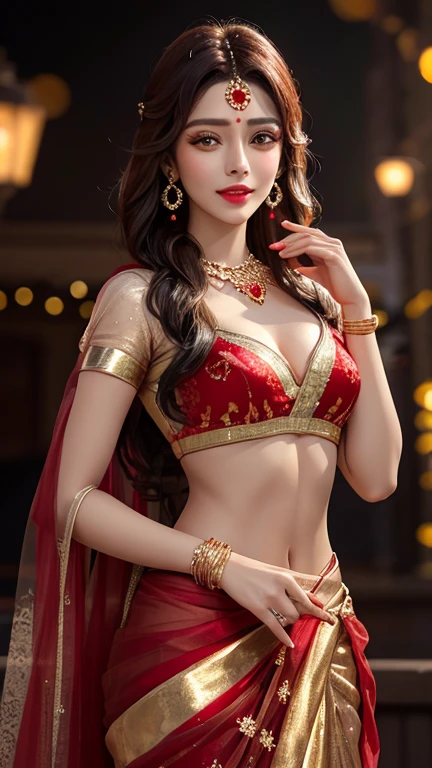 Extremely detailed illustration of (((Selena Gomez:Emma Watson:0.8))) wearing a red saree and red blouse, high heel footwear. 30 years, mature lady, adult lady, ((big breasts)) (((Detailed face))) , in a birthday party, guests all around, 5 pound cake aside, beautiful and mesmerizing decorations, Uhd, 4k, 8k illustration, award winning illustration, best quality, (((5 digits fingers))), cinematic lighting, soft lighting, vivid colors, warm colors (((highest resolution)))
