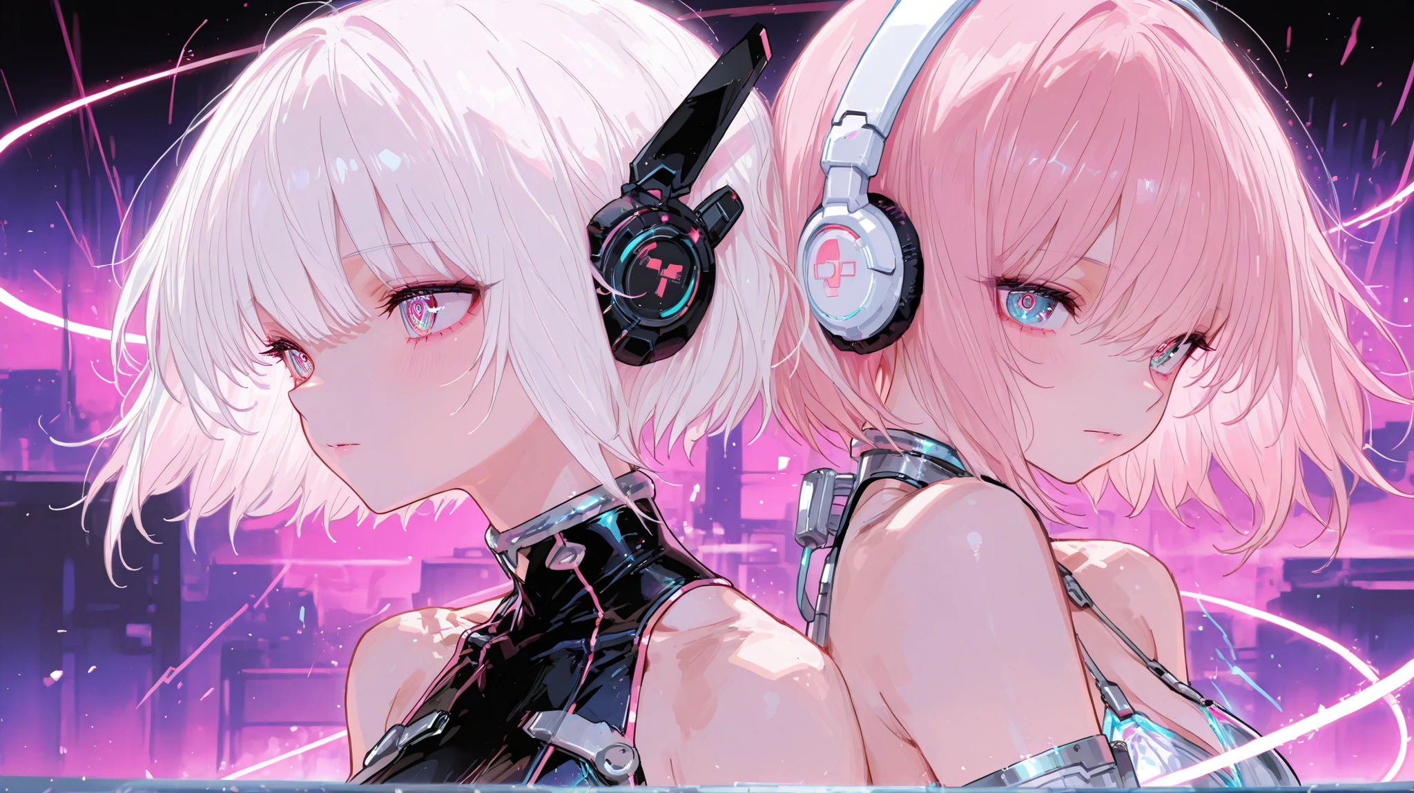(Two Women :1.3)、two beautiful women、Dynamic、 white hair、pink hair、 cyber dress 、headphones, Song、amazing、top quality,cyber world with machines,amazing、Moving Poses、fantastic