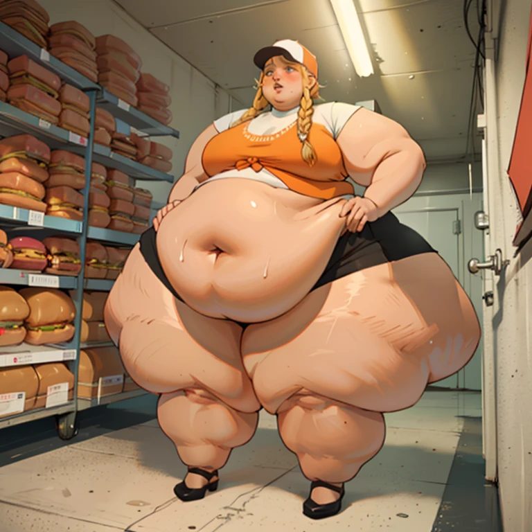 (masterpiece, best quality, highres, detailed, realistic:1.3), young american woman, (skimpy fast food uniform), USSBBW, (morbidly obese, fatblob:1.3), (detailed face, beautiful face:1.2), high aesthetic, (enthusiastic expression), cute smile, taking order, burger joint, (gigantic belly:1.2)