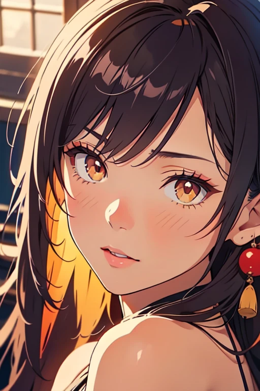 1girl,,, masterpiece:1.4, best quality:1.2, very aesthetic:1.4, super cute, shining eyes, 20-year-old, motherly, Fair skin, Black Hair, Glowing Skin, Shiny small, Dark brown eyes, Sharp focus:1.2, Highly detailed face and skin texture, Detailed eyes, Perfect Face, Perfect body, Blur the background, Japanese, seductive expression:1.4, leaning forward, medium breasts, some cleavage, teasing, modest clothes