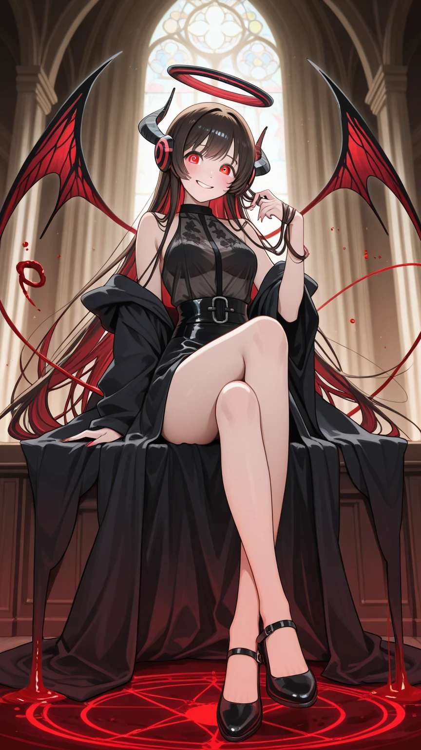 ((highest quality)), ((masterpiece)), (be familiar with), perfect face、The Enchanting Body of Celica（FE）、Red hair、best proportions、semi-long、necklace、bangle、Caster wheel、circlet、luxury accessories、first round、naked、Fallen into evil、Soul-draining、blank look、Engagement Rings、empty eyes、Ritual of Summoning Demons、dark room、Red magic circle on the floor、Lots of candlesticks and candles、sacrifice、darkness、black sheets、悪魔のaltar、悪魔へのsacrifice、naked、Suspicious rituals、Skull Object、Big magic circle on the floor、Skull Candlestick、luxury jewelry、altar、Be baptized by the devil、Skeleton Crown、Large black decorated gemstone pendant、empty eyes、Give your soul to the devil、Make a deal with the devil、naked、black see-through、Racy Leotard Dress、Demon Priest、The devil&#39;s long curled horns grow.、Two large, black demonic wings grow from his back.、A long devil&#39;s tail grows from his butt、black lipstick、Clothing and jewelry、Reptilian-like eyes