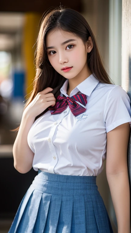 1girl, extremely cute face, Amazing face and eyes, (highly detailed eyes, highly detailed face), (hyper-realistic, hight resolution), (best Quality:1.4), Raw photo, (Realistic, Photorealsitic:1.37), Professional Photography, Cinematic Light, (lace bra:1.25), (amazing breasts:0.8), (school uniform, pleated mini skirt:1.5), (school uniform with open breasts), Smile slightly, Sitting, spread your legs wide open, Staring at me, outdoor, city, skyscraper,