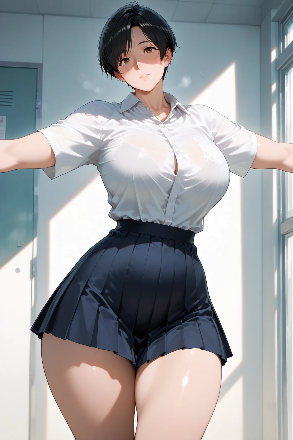 ultra-detailliert、hight resolution、Transcendent beauty　top-quality、​masterpiece、Dark blue high socks、majicMIX Real、(Raw photography:1.2)、(Photorealsitic:1.4)、The beauty of beautiful details　and delicate facial expressions、a blond、((Panties are visible))(Squatting panty shots)piercings、Lashes、Sparkling eyes、shiny lip、beatiful detailed eyes、huge filesize、、(Japanese girls' high school uniform))、Very detailed expression、finely detail、Highly detailed face movie lighting、a 18 year old girl、front facing、((dynamicposes)))、(open stance))、(Skirt from below and up:1.5), pleatedskirt、blazers、Sexy upper eyes, (Spread your crotch to show your panties:1.5), (White panties:1.5), (Black short hair:1.5), (Wet panties and see-through:1.0), (Fit body:1.5)