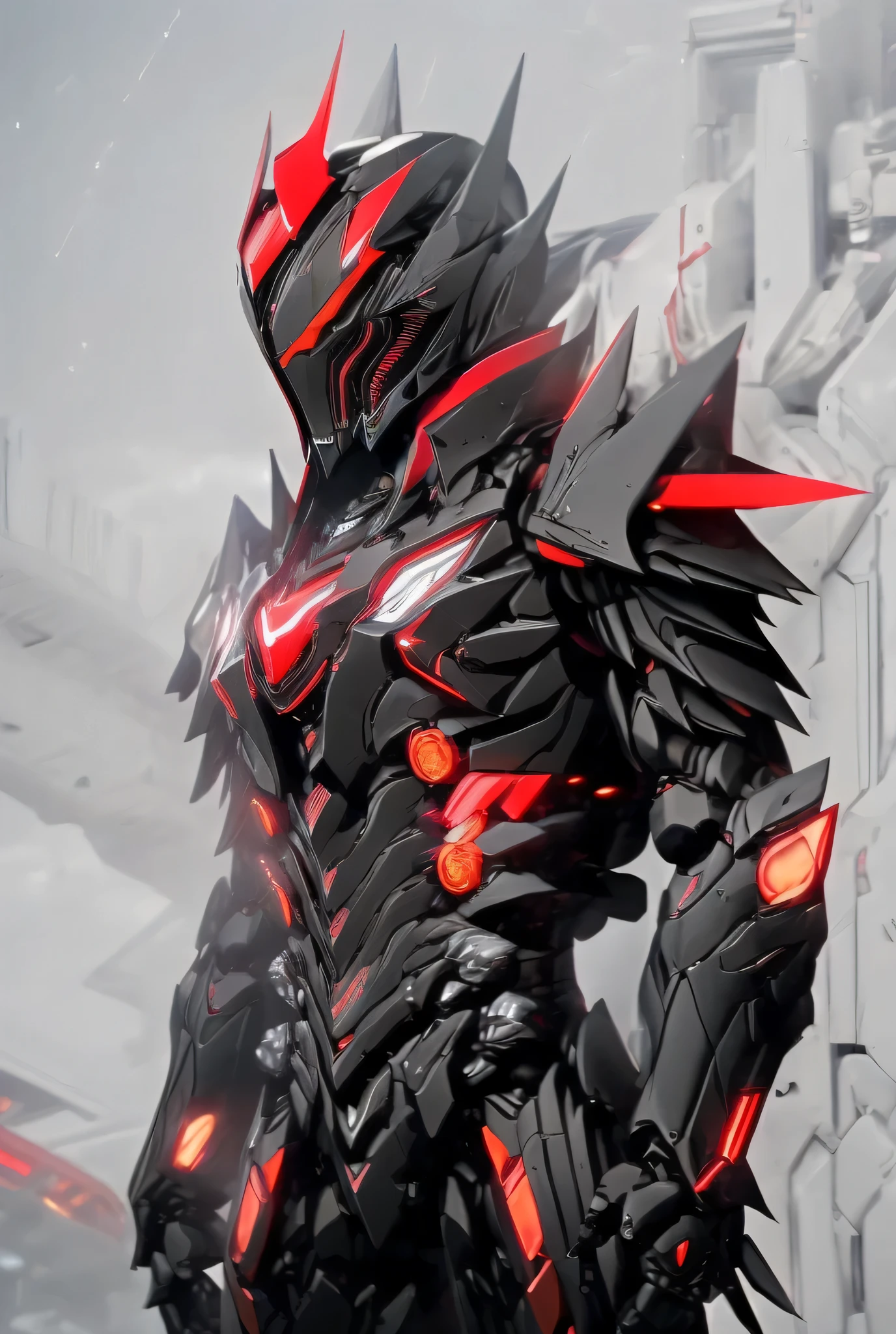Close-up of a motorcycle mecha,has a red light, black and  red armor, Futuristic Armor, black armor, Dark armor, black and red reflective armor, Corrupted Armor, ,  red armor,  Demon Armor , Dark Futurism, complex assassin mech armor, angular metal armor, Simple design armored style , wearing Futuristic Armor,  mech suit 