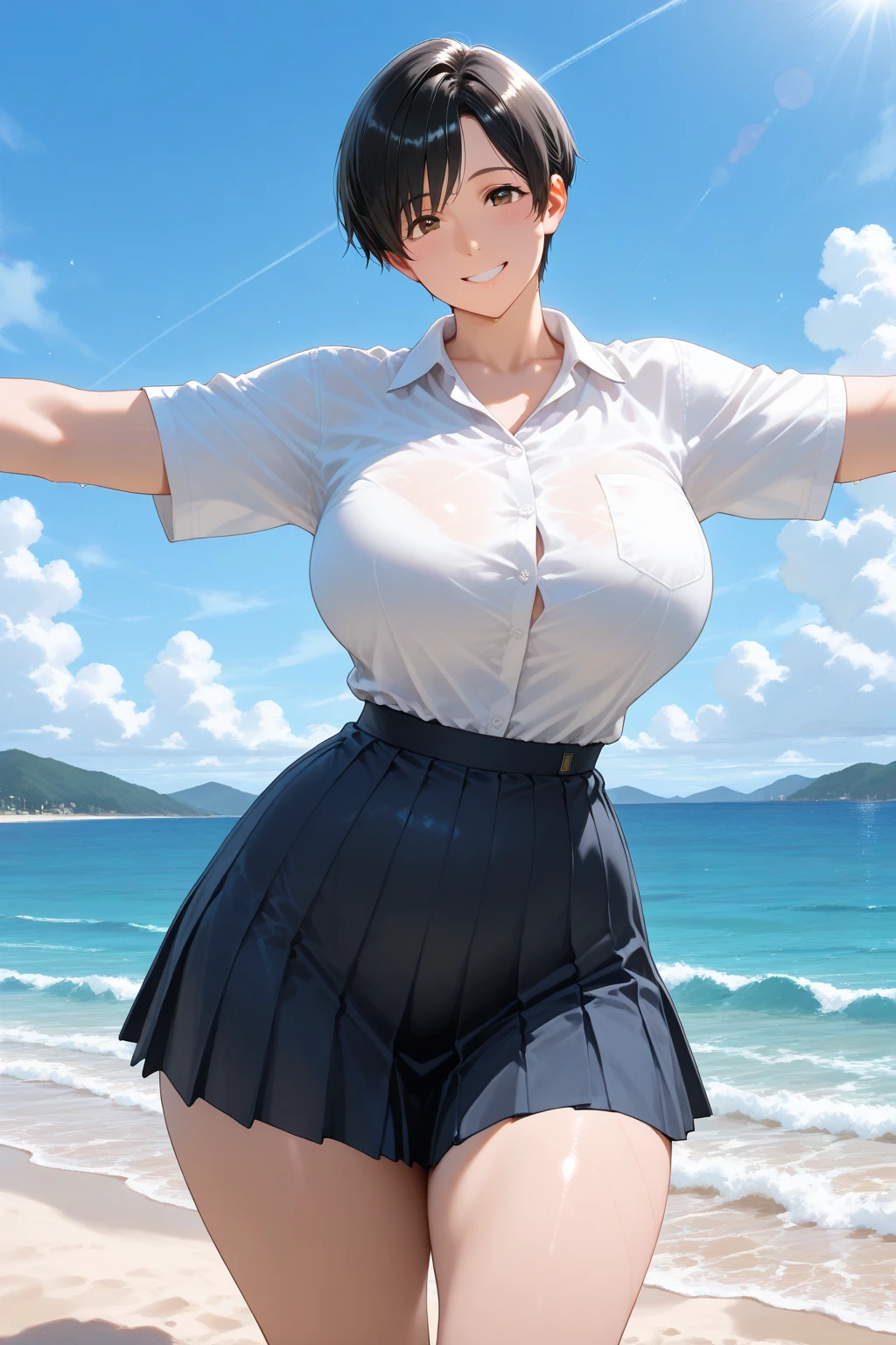 (masterpiece, best quality:1.2), realistic, High contrast, behind shot, 1girl, kawaii, (super big breasts, micro waist, very long legs:1.4), Black hair, short bob hair, short height, scrawny and thin body, Light Skin, cute big eyes, cute beautiful thin face, cute smile, serafuku, pigeon-toed, wet and sweaty, visible ribs, V sign, Trembling