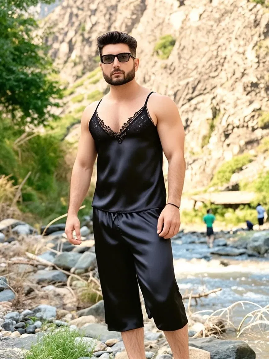 A man in Indian LUX VENUS   undervest and LUX Classio    black underwear make full body photograph black underwear with one boyfriend in undervest and were black trunk underwear
