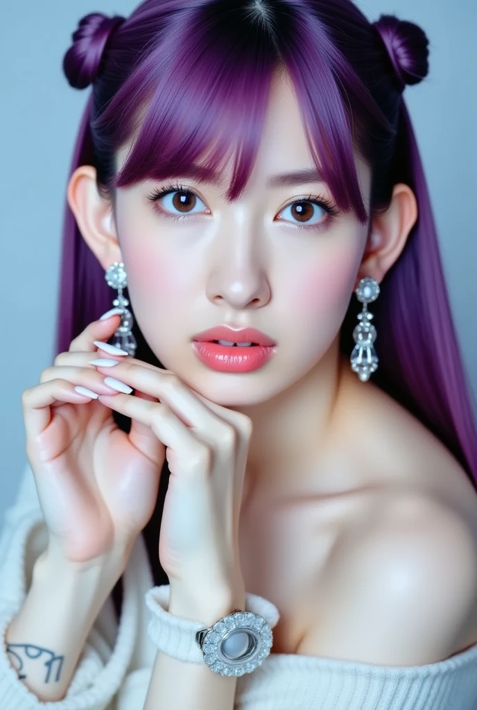 (highest quality, Seductively Posing:1.2), 1 female singer, 20 years old, Otherworldly fantasy,Shoulder strap,Sing alone, Light purple hair,Beautiful eyes in every detail),Upper Body,bangs,ear, Gorgeous deep purple outfit, Mysterious, Long Hair, blush, Displaying the viewer,Singing voice that captivates the audience