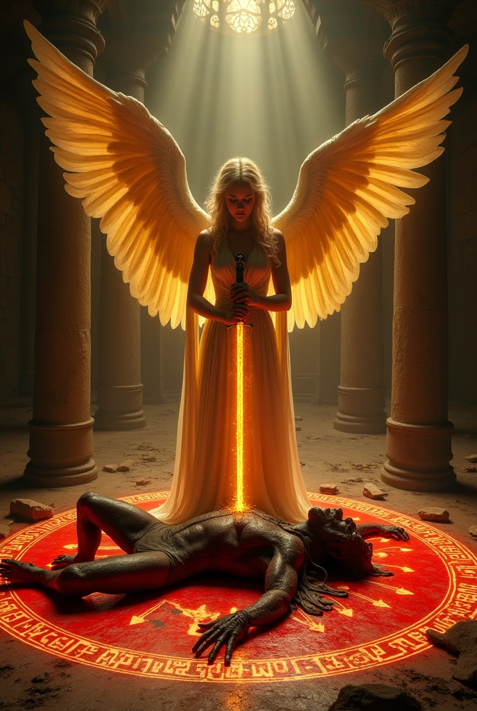 Cosmic Fallen Angel, glowing light eyes, Biomechanical, eerie, Creepy, nightmarish, Very bright colors, Light particles, with light glowing, Mshiv, wallpaper art, UHD wallpaper