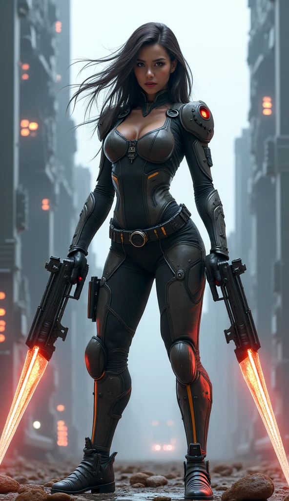 ((Best quality)), ((masterpiece)), (detailed:1.4), 3D, an image of a beautiful cyberpunk female,HDR (High Dynamic Range),Ray Tracing,NVIDIA RTX,Super-Resolution,Unreal 5,Subsurface scattering,PBR Texturing,Post-processing,Anisotropic Filtering,Depth-of-field,Maximum clarity and sharpness,Multi-layered textures,A 1 girl and Specular maps,Surface shading,Accurate simulation of light-material interaction,Perfect proportions,Octane Render,Two-tone lighting,Wide aperture,Low ISO,red balance,Rule of thirds,8K RAW, big tits(cleavage tits), red hair, black dark and red armor, glasses, red eyes, short hair, red and black color of weapon gun, serious look, black back cape