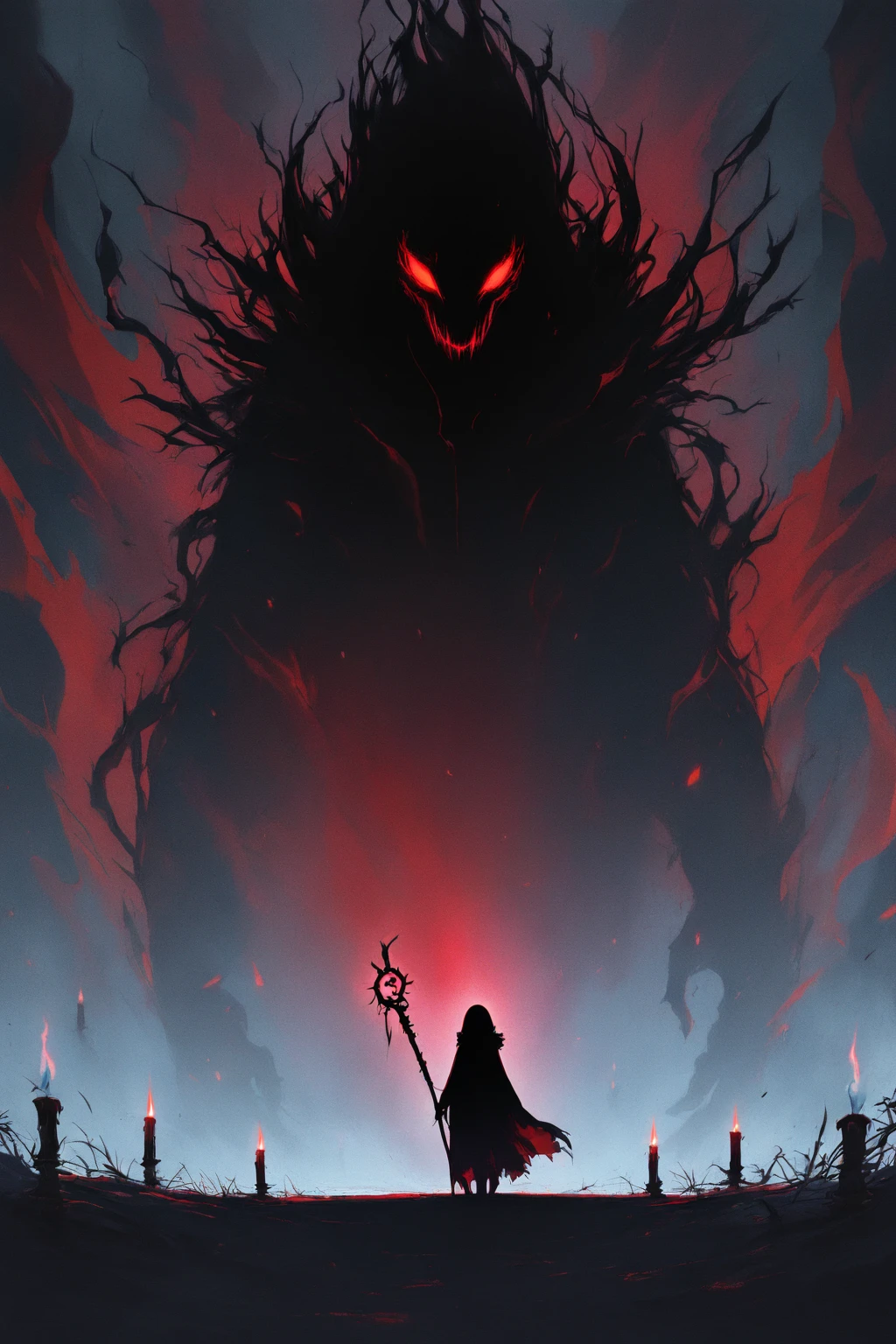two angry and salivating black wolves coming out of a blue fire, with a red forest of dead trees in the background