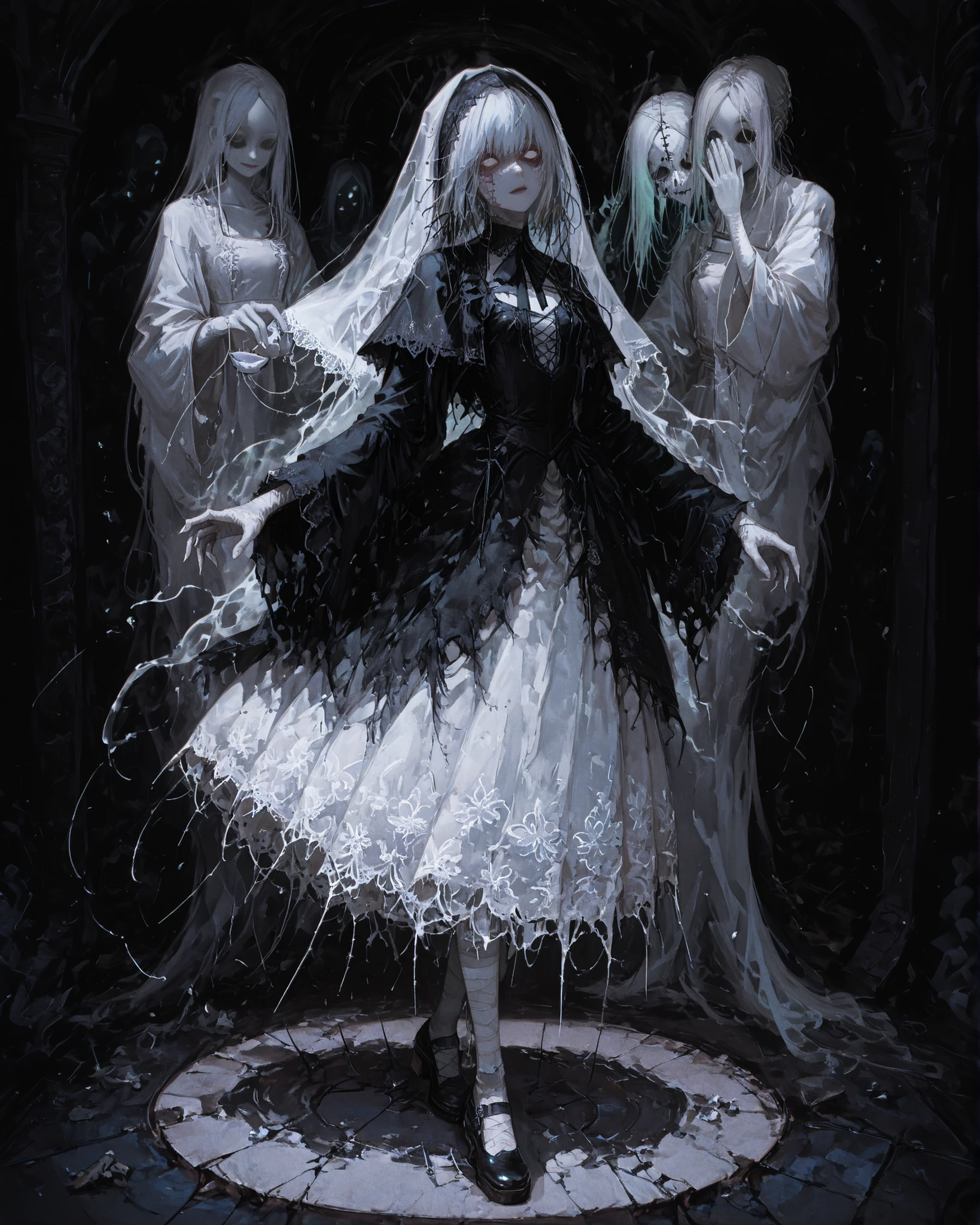 mestra, natural lighting, noite, sombras perfeitas, Ray Tracing, imagem detalhada, perfect human anatomy, small-sized ghostly figure, with about 6 years of appearance, with a ghostly face similar to that of a porcelain doll, wearing a delicate funeral veil, mas perturbador, and a faded lace and gauze dress and ragged, floating slightly above the ground with an ethereal presence, tiny hands with floating, sharp sewing needles orbiting them, long sleeves that drag across the floor like dark threads, empty eye sockets or subtle glazed eyes behind the mask, ghostly pale skin with cracks such as porcelain, its silhouette is small and unsettling, a dreamlike horror , soft ambient lighting with dramatic shadows, surrounded by whispering ribbons or threads that extend into the dark, broken dreamworld background, alto detalhe, cinematic gothic horror atmosphere, full body character concept art 4k