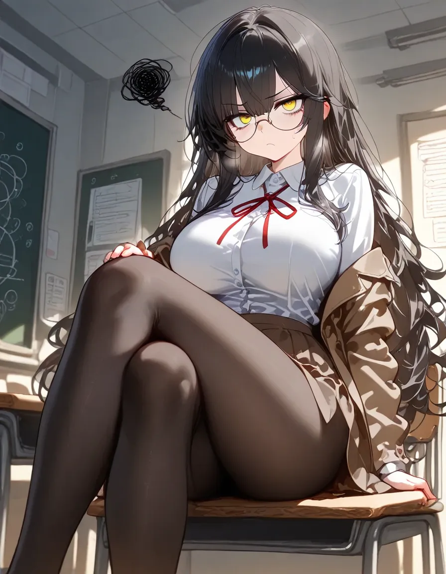 1 girl,black long hair,large breasts,red eyes,drooling,sweating,in heat,blush,wide hips,curvy,glasses,black suit,miniskirt,black pantyhose,aqua panty,cuffs,laing on back,arms up,spread legs,knees up,The folder on the floor,living room