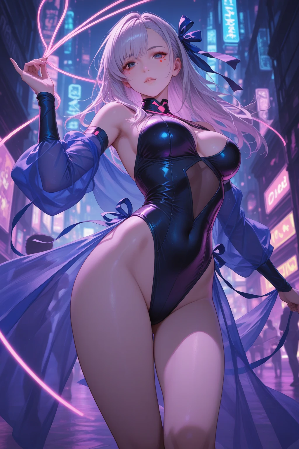 focus on breasts.seductive pose、(Two arms:1.3)、(Hands behind head:1.6).(Downtown at night:1.5).(Composition from the front:2.4)、(Exposing the nipples:2.2).(Bunny earmuffs:1.8)、(Composition from the front:1.1).(Squat, Spread your legs:1.9)、(Cowboy Shot:1.8)、(Shiny fluorescent white blue glitter holographic gradient high leg sexy swimsuit:2.3).(Browsing Caution:1.8).(Glowing Skin:1.8).(Wet Skin:1.3).(Huge breasts:2).(Nipples are visible:1.9).Exposing the breasts:1.9).beautiful ,最high quality、Best image quality、masterpiece、((Top model at age 20、 By becoming、Best Bust、The tea that opened my heart、shining eye,((Heterochromia iridis, (右eye, red colored 右eye iris)(左eye, gray purple colored 左eye iris), eye; Red and gray purple)), (Fluorescent blue glitter holographic hair color、), Smooth and shiny top model hairstyle with fluorescent white blue glitter, Straight silk bangs, Cut in a straight line hair and bangs, Blunt bangs+Cut in a straight line, long and smooth hair、thin,Highest valley、black 、Shiny fluorescent glitter short skirt、shoulder jewelry ,Diamond Earrings、Wristband、black gloves)),high quality、beautiful芸術、background((School Area))、Flight、flying debris、Written boundary depth、movie、Visual Arts、Perfect art、8k,Genuine、Dynamic Performance