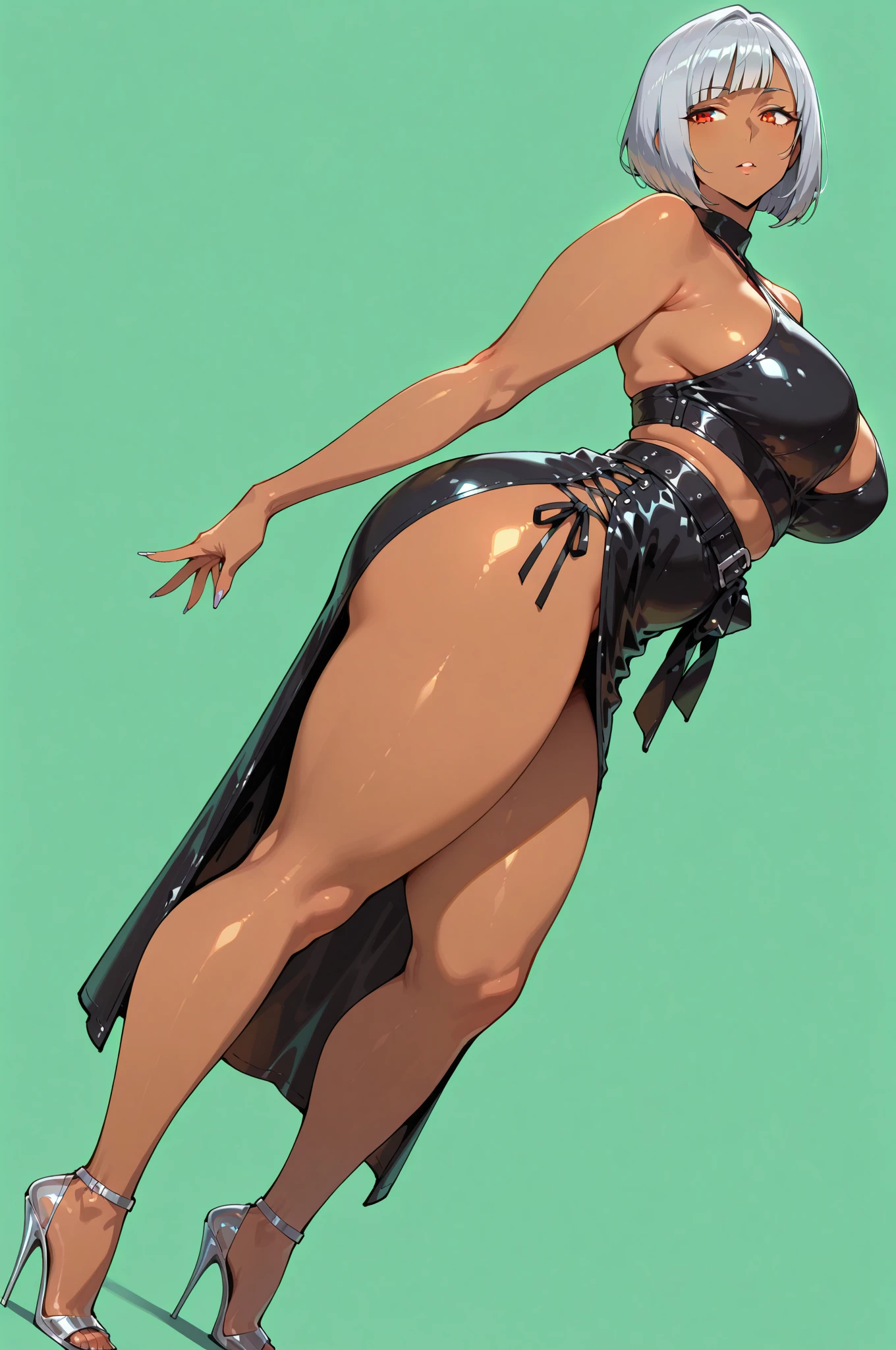 1 woman, fantasy elf, dress, ((breasts held up high by bra:2.0)), nightclub setting ((above view:1.4)), (masterpiece)),(((best quality))),((character)), ((full body view)) ((seductive pose)) mature face, defined cheekbones, high cheekbones, illustration, girl, muscular, ((choke collar)), ((muscular:1.5)), sexy bimbo, (gigantic breasts:1.7) ((detailed face:1.4)) A shimmering adorned in (dark theme:0.9), medieval upper body of a woman sharp features, pointy ears, dark hair, (((long straight hair:1.8))), sophia loren, makeup, eyeliner, eyelashes, mascara, black skin, gold sexy dress, cleavage, gigantic breasts, ultra-detailed complex 3D rendering of face, (big breasts: 8.8), (highly detailed skin: 1.2), (exposure: 1.1), red lipstick, earrings, grim, cold stare, dark colors, Volumetric lighting, baroque oil painting by Greg Rutkowski, Artgerm, WLOP, dynamic angle, mystical expression, dark glow effect, fantasy background, rim lighting, side light, cinematic light, ultra high definition, 8k, film grain,best shadow, light particles, navel exposed, detailed skin texture, detailed face, intricate details, super detailed, dark, strong, cleavage, slender detailed abs, fantasy, (realistic), exposed midriff, detailed eyes, ((slendered abs)),((huge breasts:1.9)), (full bodied), wide hips, (fake lips:1.5), Alphonse Mucha dynamic lighting hyperdetailed intricately detailed, (hdr:1.22), muted colors, complex background, hyperrealism, hyperdetailed, amandine van ray, shiny skin, scribbles and marks,(puffy lips:1.5) , rough sketches, 8k,16k, ((dance club:1.5)),