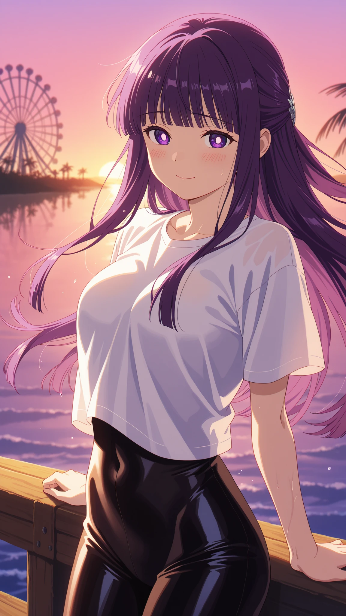 Original Character, Volumetric Lighting, Best Shadows, Shallow Depth of Field, Petite, Delicate Beautiful Attractive Face With Alluring Black Eyes, Sharp Eyebrows, Expressionless, Blush, Closed Mouth, large Breasts, Soaking Wet Clothes And Hair, See-Through Tank Top, Open Navel, Straps pink Short Pants, Cloudy Rainy Sky, Standing At The Rural Village Bus Stop In The Pouring Rain, Village Gravel Road, Looking Up The Sky, Puddle Water, Rainy Foggy Rustic Scenery, (Highest Quality, Amazing Details:1.25), purple hair, star shaped eyes, purple eyes, star pupils, long hair, close up, large breast, looking at viewer, blushing