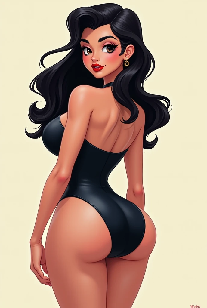 Woman with a big butt and breasts, with bangs and black hair