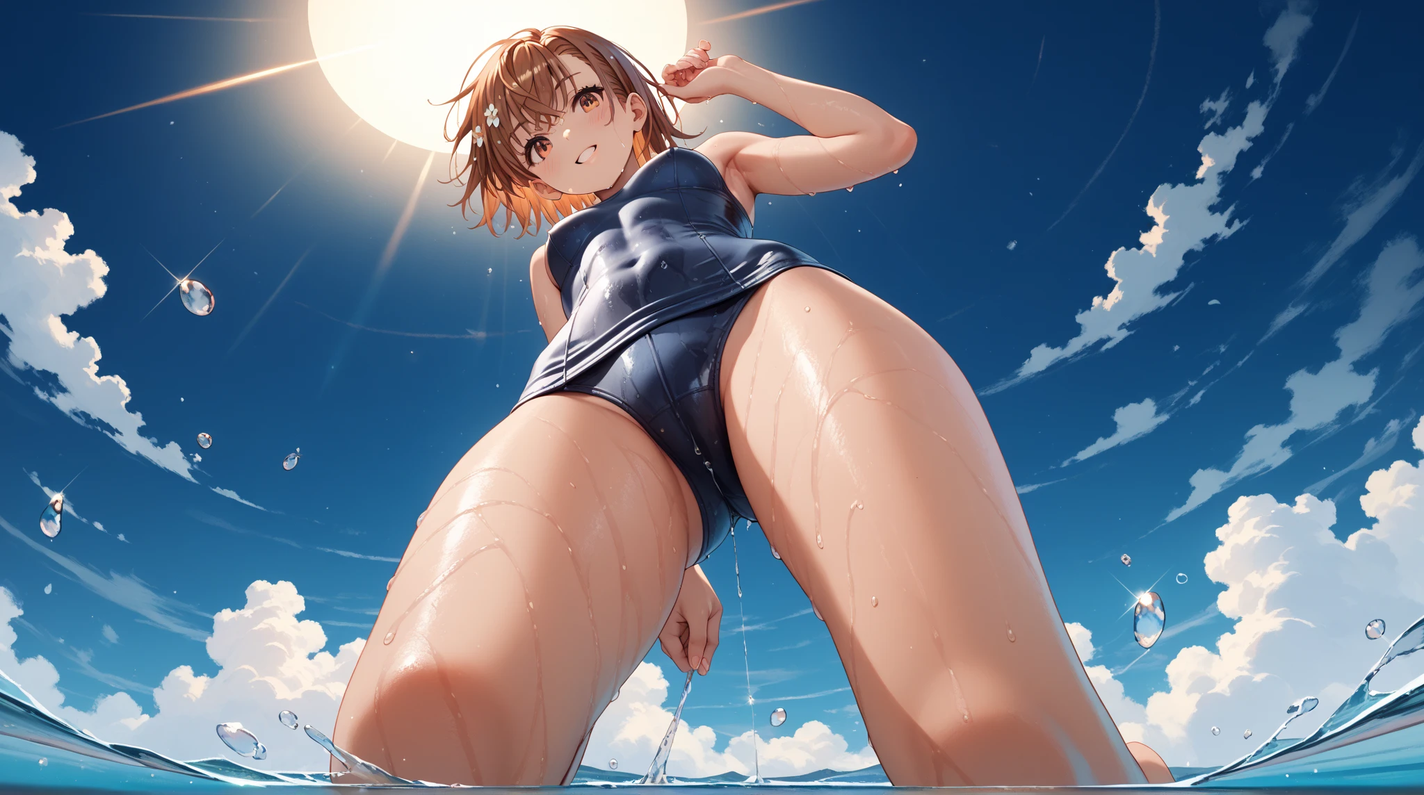 nicenature、Close-up of the butt looking up from below、Get wet all over 1.5.Realistic、squat butt emphasis、13 year old girl、wearing a yellow swimsuit，smile，cleavage emphasis，face reality，lips are a little red，cheeks are a little red，Sexy，pool