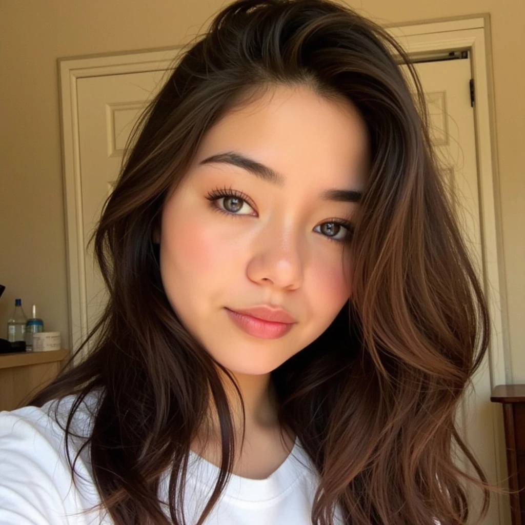 1 woman looks like jennie from blackpink, Long wavy hair, dark brown eyes, very large , 40b , wearing a white blouse, biting her lips, sensual