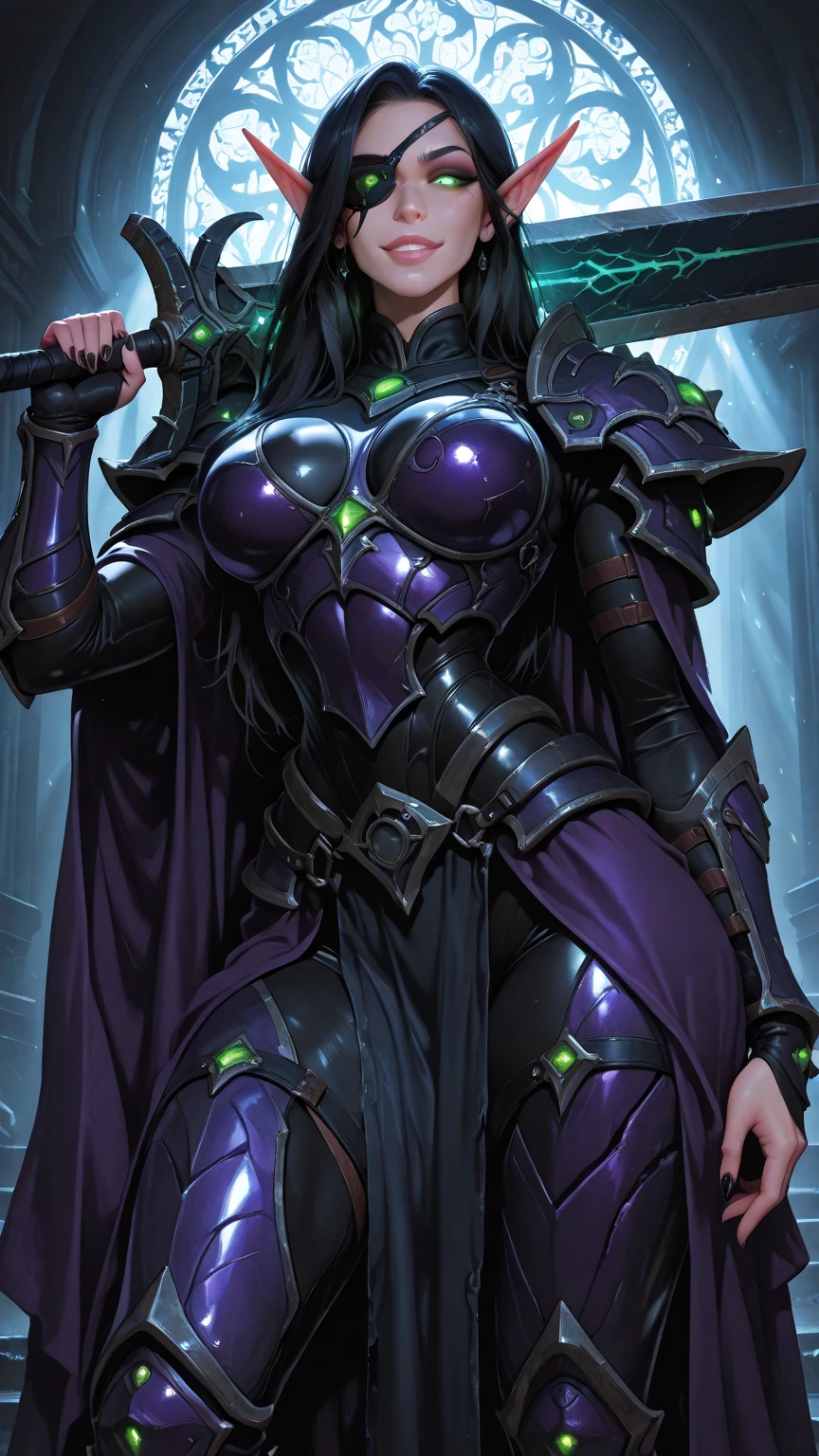 Bloodelf (from warcraft), leaning towards pov, seductive smile, offering her hand and pulling pov closer, purple and black battle armor, purple and black legendary armor, full plate, elf queen, elf ears,  evil deity, mad goddess, giant horrofic greatsword over her shoulder, heavy plate armor above a magnificent elegant robe , black nails, waist high slip, eyeliner, eyeshadow , holding pov and pulling us closer to her, High Resolution, looking at viewer, Bangs, Masterpiece, High Resolution, Anatomically Correct, Detail, High Details, High Quality, Backlighting, Bloom, Cinematic Lighting, God Rays, Beautifull mature woman, glossy lips, skinny, from thigh up masterpiece, best quality, amazing quality, hyper-detailed, very aesthetic, highres, BREAK, athletic body , mature female , epic pose , motherly , sexy milf , evil deity , naughty gaze , evil magical emperor , evil tattoos , very tall , magic in her hand , evil warrior goddess , sexy villain , deep scar across face , eyepatch on right eye , perfect body , sideboobs , green eyes , killer , heavy full-body armor , armored pants , armored skirt , Berserker armor , armored cape , villain , asian , korean model , young korean face , wavy long Pink and Black hair , perfect breasts , curvaceous and voluptuous body type , wide hips , thin waist , trained body , Long perfect legs , green glowing eyes , cold gaze , final Boss , armored hips , 8k resolution, masterpiece , realistic , 8K , Best quality , masterpiece , ultra high res , raw photo , in the dark , deep shadow , low key , sharp face , sharp eyes , ultra high res , perfect glossy shiny skins , perfect lighting , detailed lighting , dramatic shadows , ray tracing , naughty armor, black and purple armor