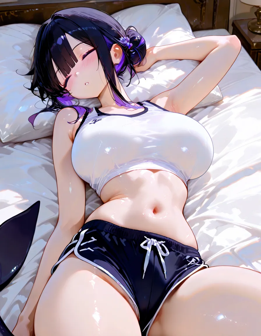 Tiger print underwear、Sexy tiger cosplay、Backwards、Tiger print underwear、tiger cosplay、On all fours、Cute underwear、Embarrassed、Light purple hair、Semi-long hair、White bra、White panties、Lie down on the bed、Blushing、
