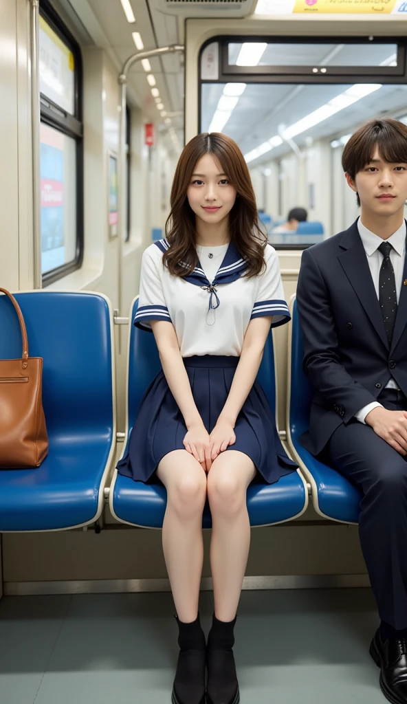 A Japanese high school couple in uniform rides a bus together in the city,Sitting next to each other, deep in thought, Urban Fantasy Romance Book Cover,