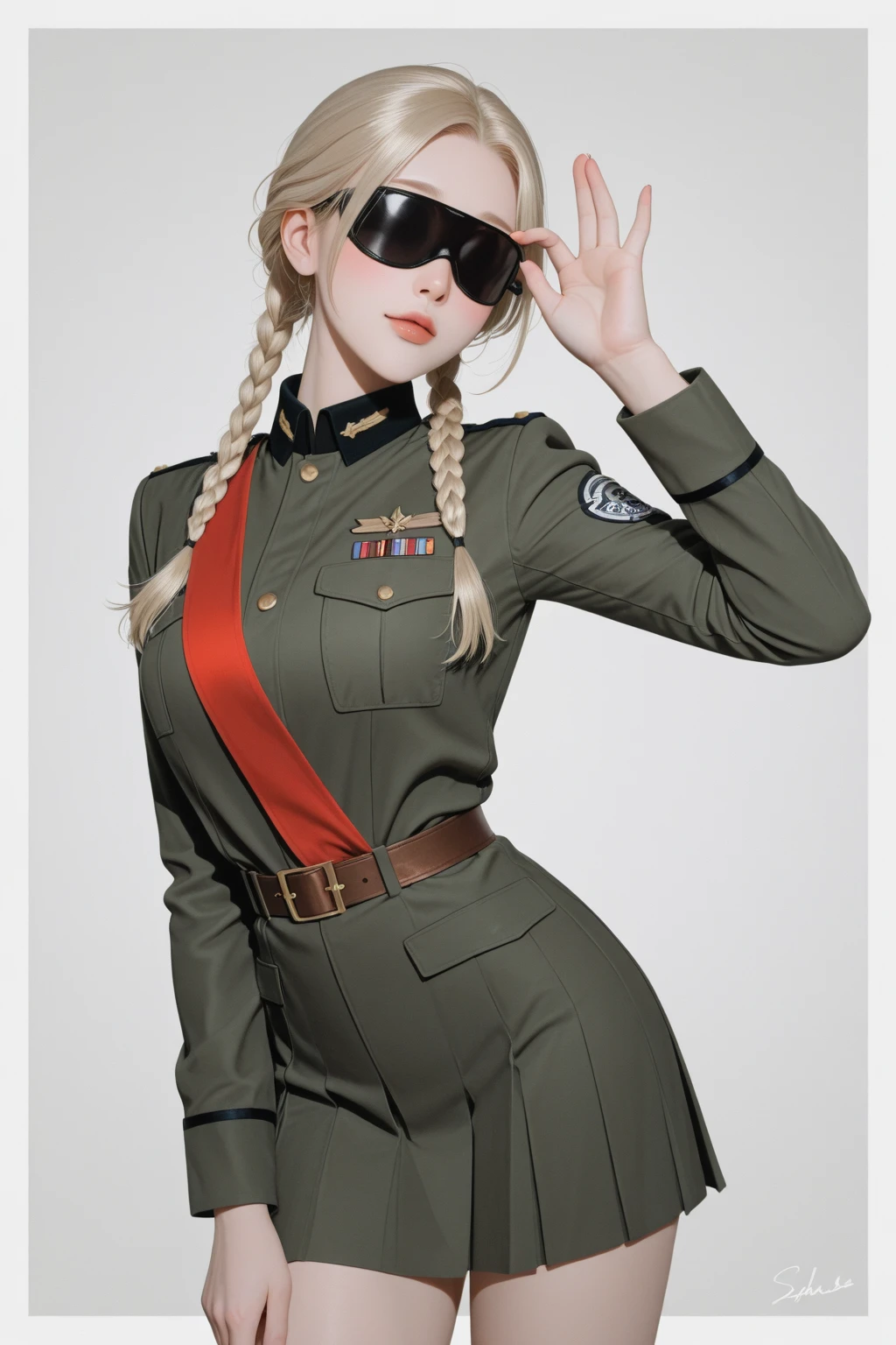A tall sexy nice friendly big breast happy soviet russian military girl with long smooth red hair her brown eye pink lip wears metallic green top black patch chest waist yellow ribbon and her big metallic green pants thigh sensual big yellow boot wears black soviet winter cap