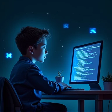 A boy programming and a company logo
Larger than his face can be seen and the company logo is in writing