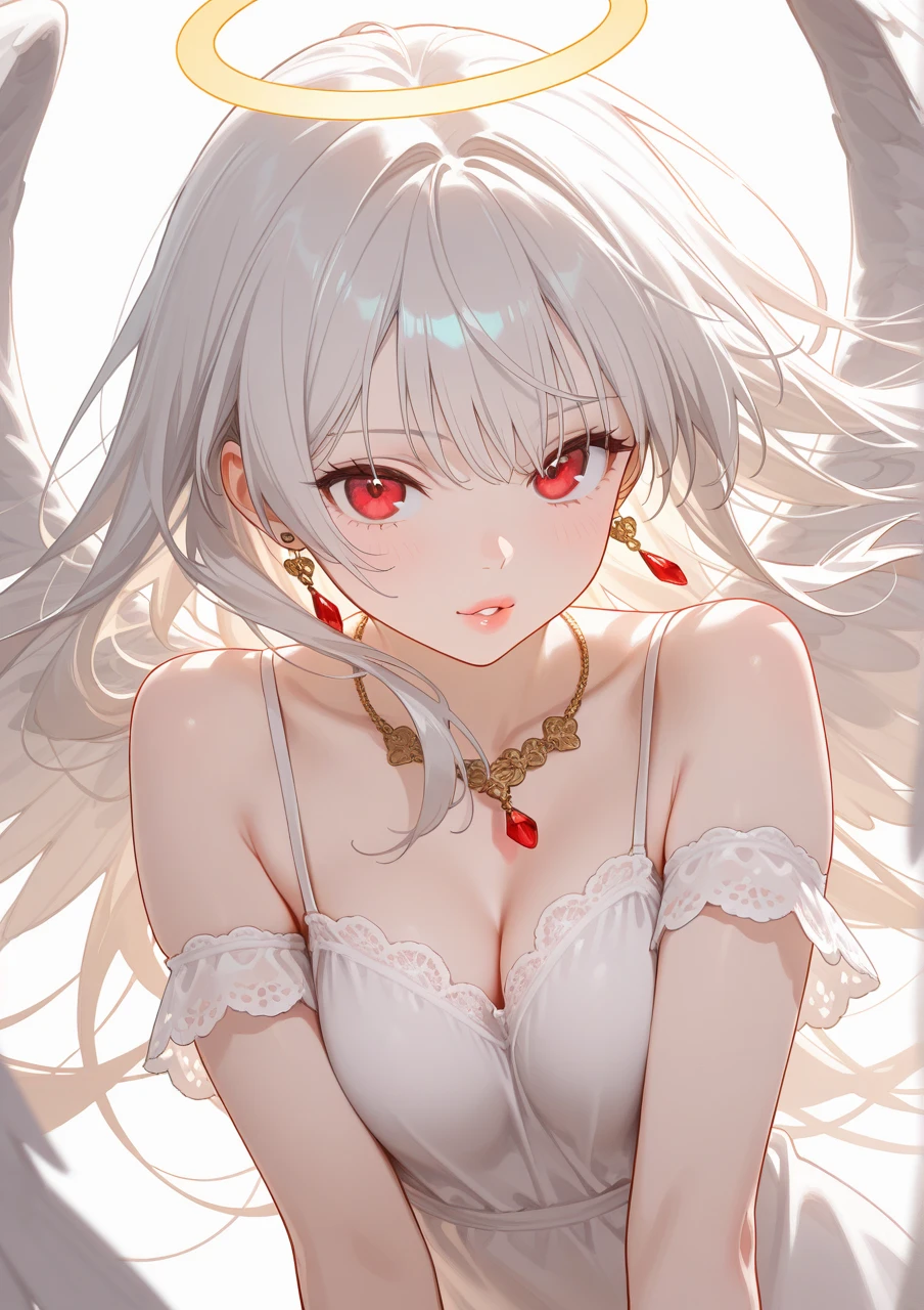 (best quality), best illustration, intricate details, ultra detailed, (2D), hair between the eyes, splendid illustration, extremely detailed, (sketch), 1girl, (bishoujo), ((beautiful detailed face)), (pretty_face+round_face), ((beautiful detailed eyes)), (red eyes), transparent eyes, ((gigantic breasts)), (bishoujo:1.3), (perfect face), (solo), extremely detailed CG, (extremely beautiful), best quality, high quality, dynamic angle, (masterpiece:1.2), (eyelashes:1.2),  (dark eyelashes:1.1), (eyeliner:1.2), (deep red eyes:1.2), (large eyes:1.2), narrow waist, (shiny skin), (ultra-detailed), illustration, bangs, (detailed shading), sweaty, looking at the viewer, messy hair, silver hair, long hair, 1girl, solo, silver hair, bangs, hair between eyes, (detailed shading), pointed ears, erect, ((white wings)), ((angel halo)), sweaty, dripping sweat, torn socks,  Red bed, window, red curtains, medieval city background, sunlight, elegant bedroom, finely detailed background