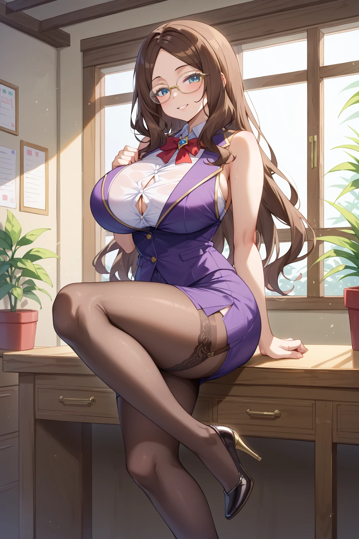(highres, best quality:1.2), intricate details, vibrant image, sharpness, colorful,
SaekiSayoko, solo, 1girl, mature female, milf, full body shot, side view, smile, smirking, standing, bent over, standing on one leg, (hand on leg:1.2), pinup \(style\), park, sunny weather, tree, complex background,
brown hair, long hair, hair bow, hair ribbon, ponytail, makeup, blue eyes, perfect eyes, perfect face, detailed face,
blue suit, blue pencil skirt, thighhighs, high heels, garter straps,
curvy, large breasts, cleavage, thighs,
<lora:SaekiSayoko-000010:0.9>