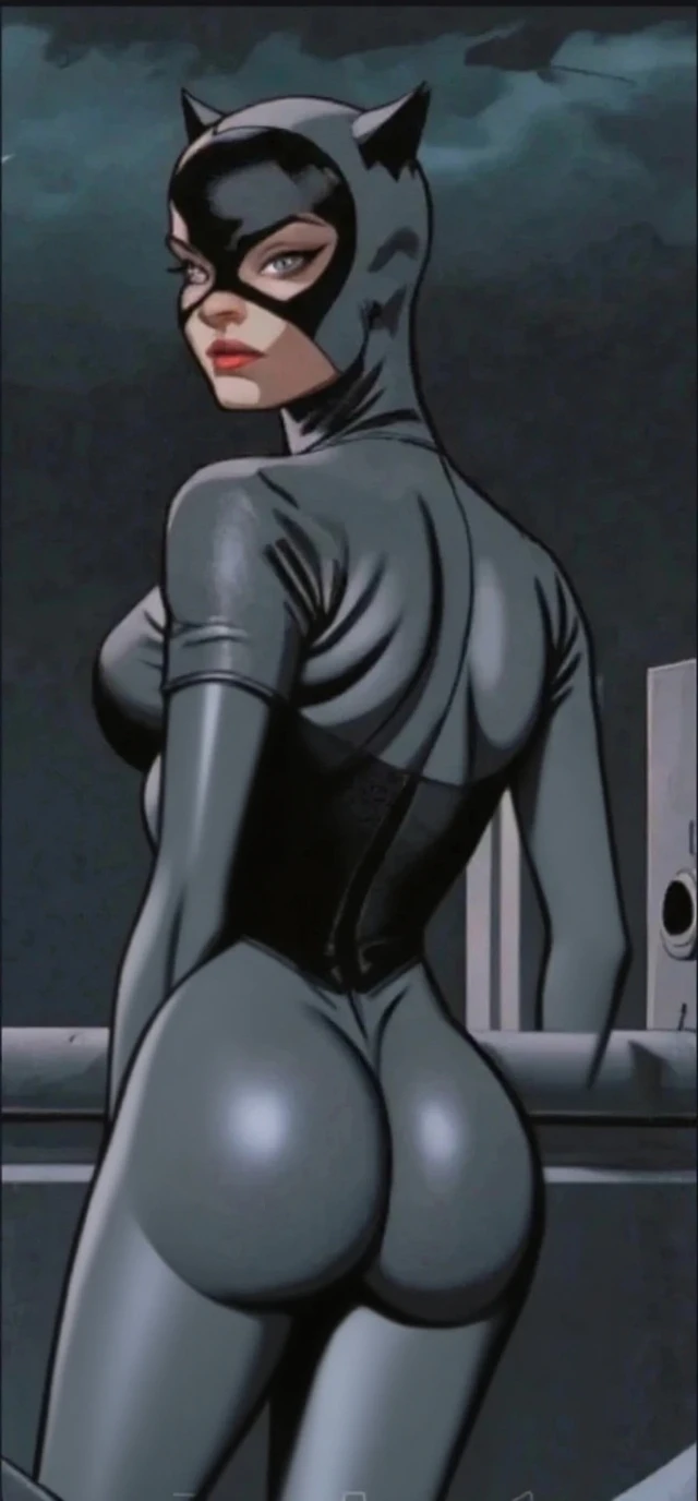 A captivating Catwoman figure, boasting generous assets, The velvety fabric of her iconic suit clings to her curvaceous figure, big breasts, cleavage. Her seductive green eyes gleam, a sly smile playing at the corner of her mouth. The intricate details of the suit's texture and the glossy finish of her feline ears add to the masterpiece of this art piece, squatting, sexy pose, squatting on window, diamond heap and heaps around her, luxury painting at the background