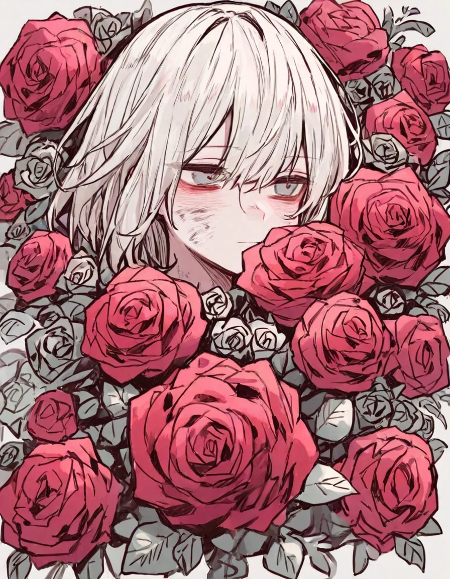 1girl、Scabiosa、Mourning clothes、Red puddle、「Unhappy Love」「I lost everything」、Red tears、empty eyes、tegaki