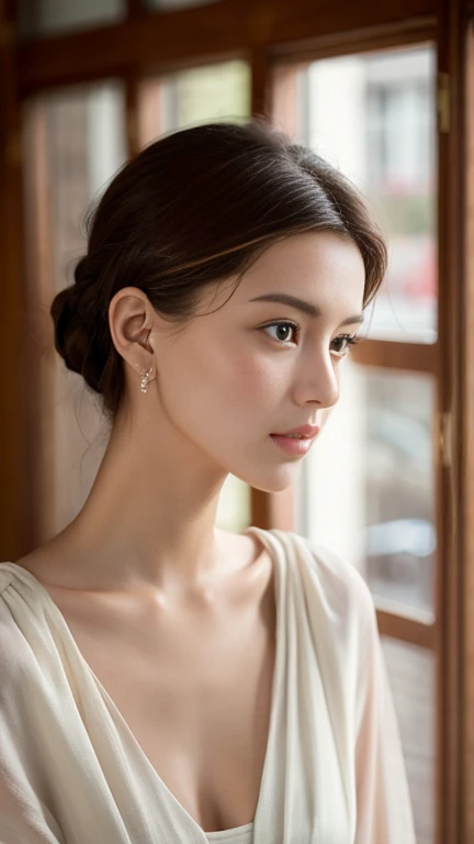 (Highly realistic photos, High resolution, Detailed face, Beautiful Eyes), Photographed in front of a white wall、Japanese women, 40 years old, Serious expression, alone:1, , ((ponytail、Updo, short hair)), White skin, light makeup, Chest 40 inches, Ample breasts、naked、Serious expression、White wall background, 超High resolution、Bright white light illumination