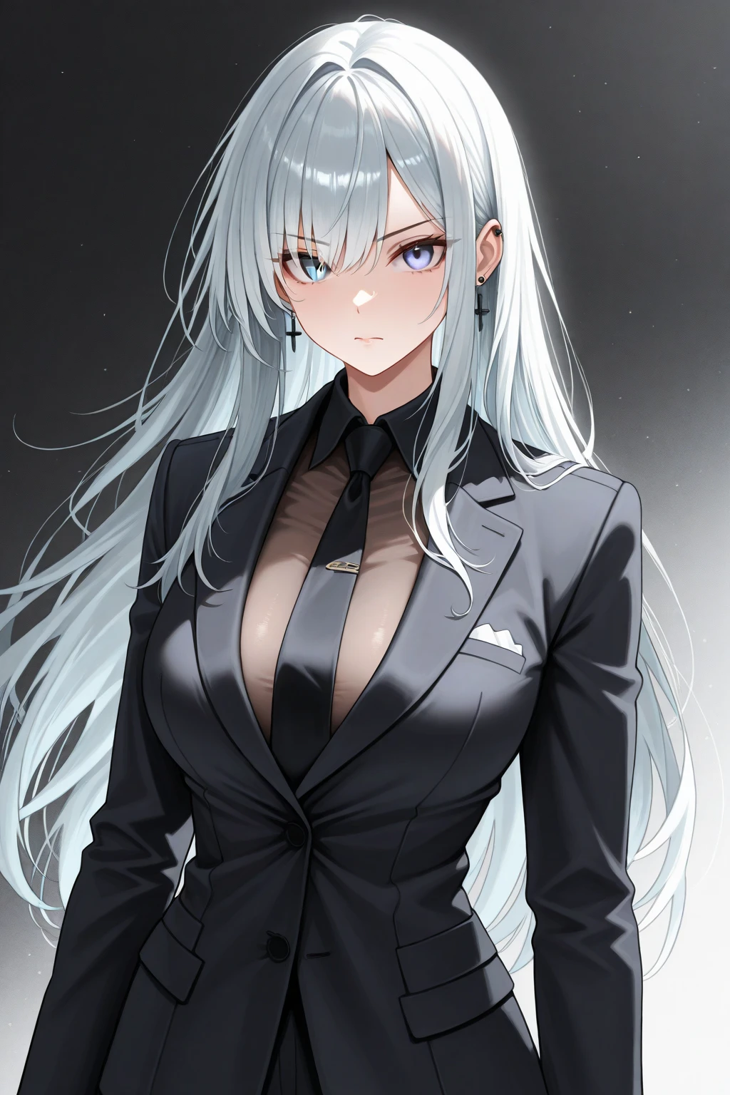 (best quality,high resolution)(business jacket:1.4),(a girl:1.5),elegant photo of a girl in a suit jacket, red lips, lipstick, (perfect eyes:1.4), (White shirt:1.5), silver hair, purple eyes, hapiness, highly refined skin, long eyelashes, black eyeliner, masterpiece, black belt:1.2, White shirt, teardrop earrings, Professional attire:1.2),perfect body proportions
