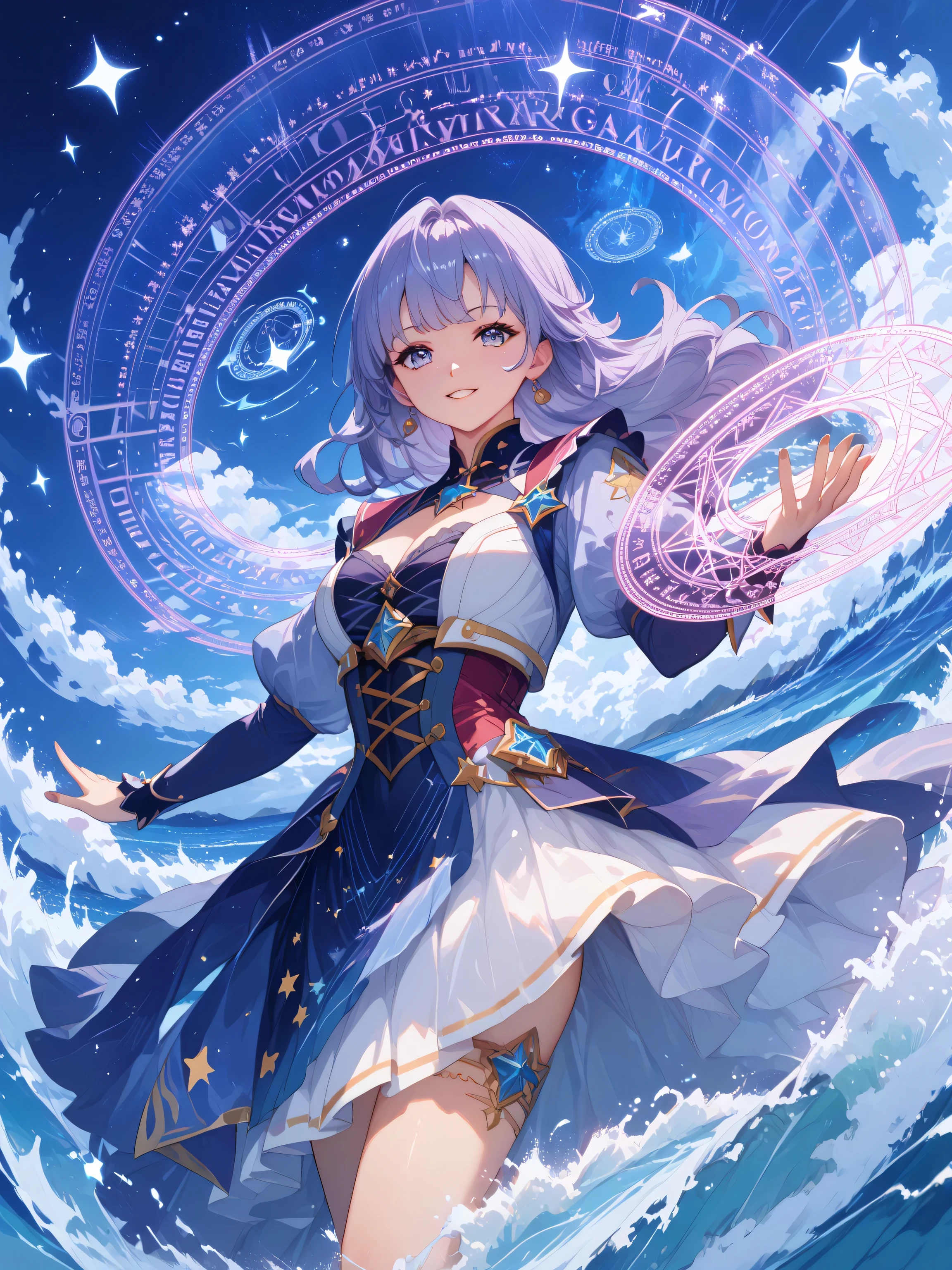 748cmstyle,(SuperQuality:1.0) ~ (SuperQuality:1.4),floating pattern, magic circle、witch girl、Beautiful、high quality、Cosmic ray、Star Ran Raging Waves