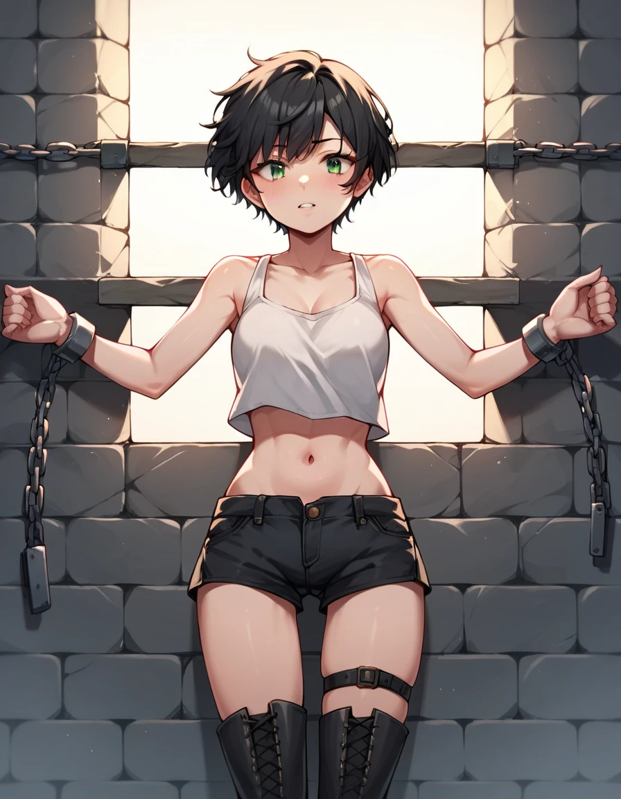 score_9, score_8_up, score_7_up, score_6_up, score_5_up, score_4_up, source_anime, 1girl, black hair, hair bun, orange eyes, w-w-chain, spread arms, messy hair, white shirt, shorts,high heels,platform,dungeon, best quality, best res, 4K UHD,
 