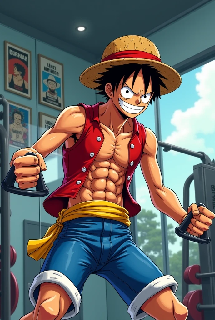 "create circular photo Luffy from one piece standing in a gym smiling, Shirtless and with a dumbbell, circular logo and wears his straw hat while holding it"
