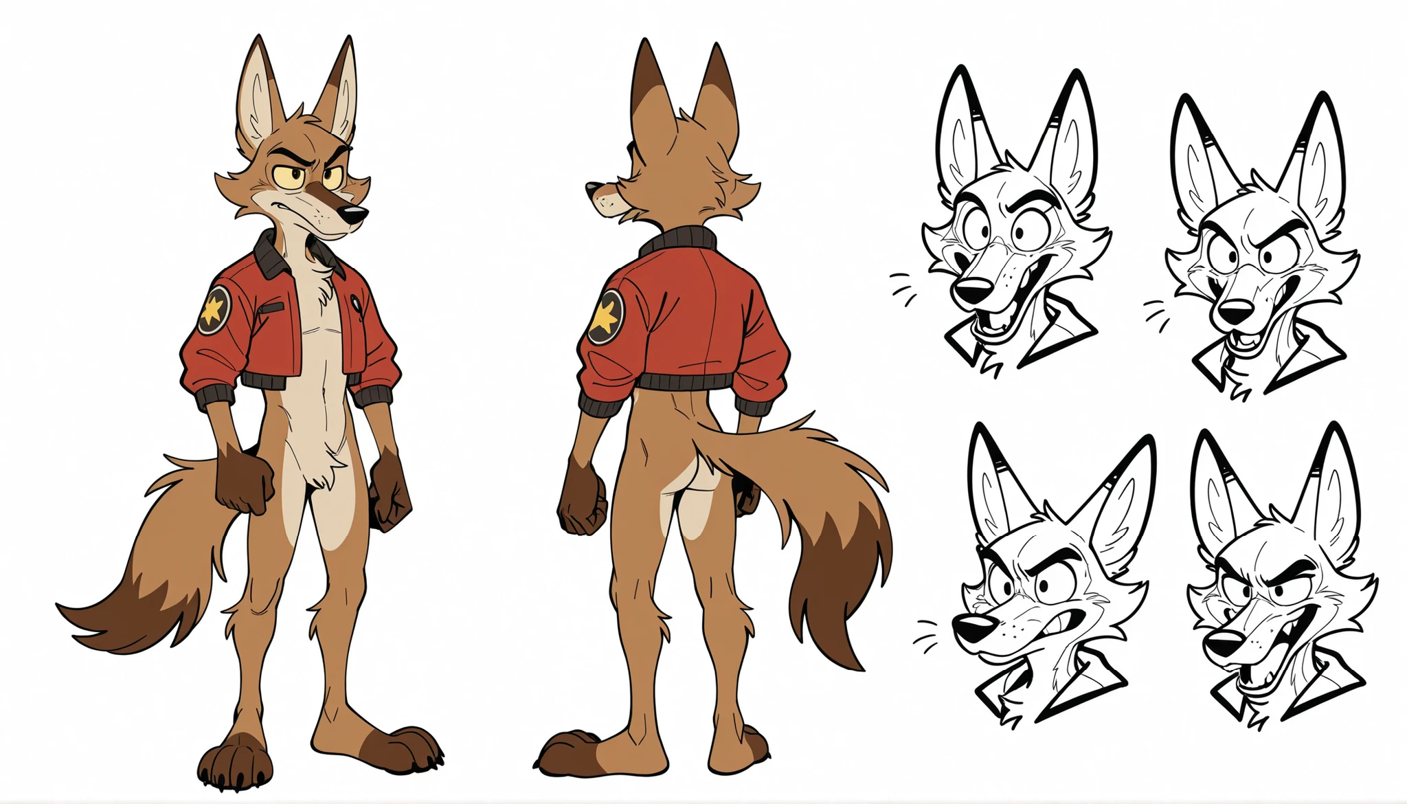 sketches of a cartoon coyote furry character, male, cool, professional furry drawing, furry character, unrealistic character concept, cartoon furry style, an anthro coyote, full body character concept, character reference, full character body, sketchy artstyle, anthro concept art, single character full body, full body character, character concept, by infamousmustelid, by mikachutuhonen, by uochandayo, by Piti Yindee, red cropped jacket, countershading, , paws, expressions