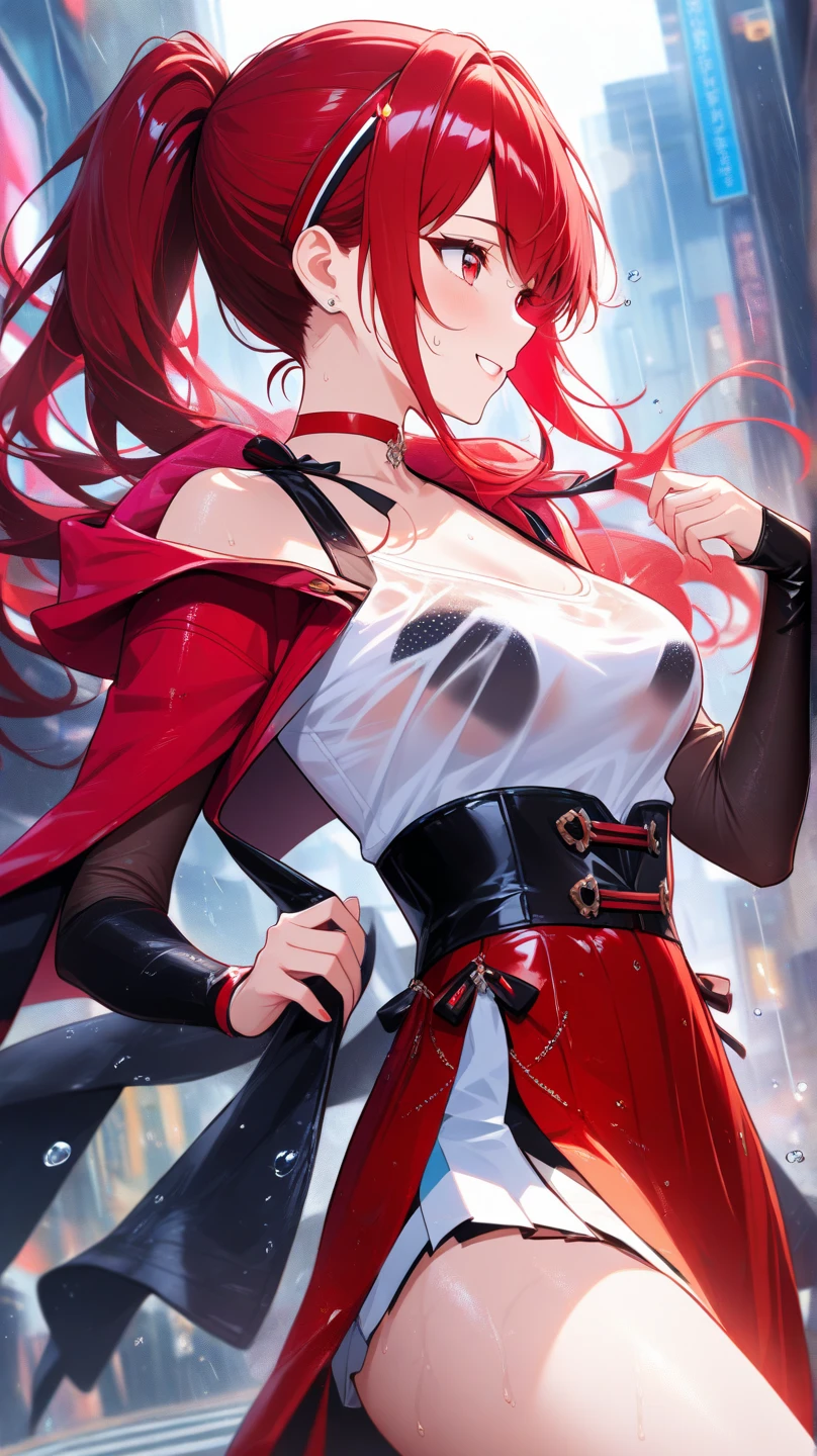 A red-haired girl wields the Heavy Thrusting Swords from within the Elden Ring in a reverse grip.
