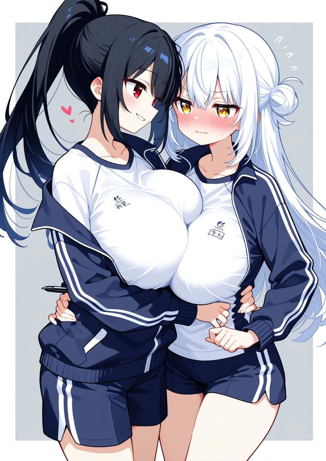 (((masterpiece))), ShizukaMikazuki, One Girl, alone, Make eye contact with the camera,Long Hair, Gray Hair, Long sleeve, Huge breasts,Cleavage, Large Breasts, Mature Body,clavicle, Jacket, Open clothes, open Jacket, blue hoodie, Play sports often, blue eyes,Earrings ,Choker with charm,Sweat,High Ponytail,A troubled and embarrassed face, smile,Thick lips,Increase breast size, Make the face a little smaller,Abdominal muscles,Black sports bra,Black hot pants,dusk park, crossed arms