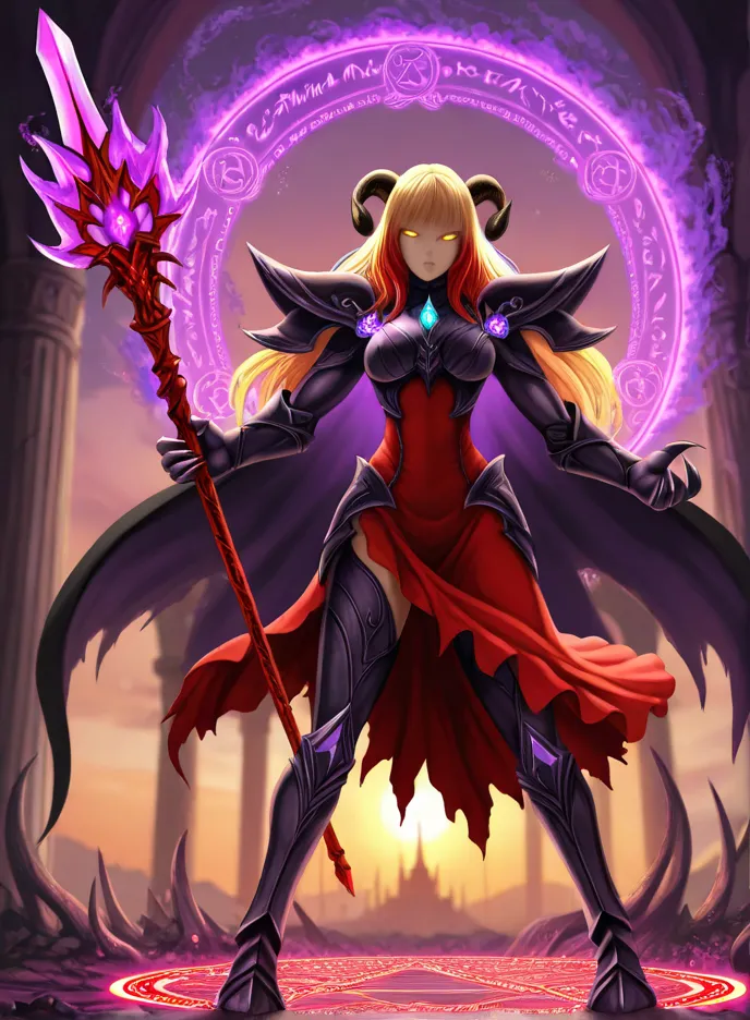Lora Workflow Description:<br><br>This Lora (Low-Rank Adaptation) workflow focuses on generating a character resembling "Lyra, the Abyssal Blade-Mistress," embodying a powerful, dark fantasy aesthetic.<br><br>Key Elements and Parameters to Target:<br><br>Character Archetype: Demonic/Dark Sorceress, Battle-Mage, or Shadow Knight. Emphasize a strong, dominant, and slightly mysterious presence.<br><br>Hair: Long, flowing golden or light blonde hair, with a hint of red or orange undertones, suggesting a fiery or magical essence. Should have volume and a dynamic flow as if in motion.<br><br>Horns: Prominent, curved, dark (possibly black or deep grey) horns, typical of a succubus or demoness, positioned atop the head.<br><br>Eyes: Glowing, ethereal yellow or orange eyes, lacking discernible pupils, to convey a supernatural or magical nature.<br><br>Armor: Form-fitting, dark (black or deep charcoal) plate armor with glossy highlights, specifically on the shoulders, gauntlets, and greaves. The armor should have sharp, angular designs that blend seamlessly with the fabric.<br><br>Attire: A striking deep red dress or gown, with a ??? revealing one leg. The fabric should appear rich and flowing, contrasting with the hard edges of the armor. A dark, sweeping cape or cloak, possibly with a tattered or ethereal quality, should drape from the shoulders.<br><br>Weapon: A large, two-handed, ornate greatsword or polearm. The blade should be infused with glowing purple energy, emanating magical particles or a dark aura. The design should be intricate and menacing.<br><br>Magic/Aura: A strong emphasis on purple magical effects. This includes a glowing purple runic circle or arcane symbol at the character's feet, purple energy around the weapon, and potentially faint purple mist or lightning in the background. The energy should appear powerful and volatile.<br><br>Environment: A dark, foreboding fantasy setting. This could include ruined gothic architecture, dark stone structures, or a desolate landscape with hints of a distant, shadowy castle or city. The background should suggest a realm of darkness or a magically corrupted land.<br><br>Lighting: Dramatic and atmospheric lighting. Strong highlights on the character, particularly on the glowing elements (eyes, weapon, magic), contrasted with deep shadows to enhance the dark fantasy mood. A twilight or sunset sky with ominous clouds could provide a vibrant backdrop.<br><br>Tentacles/Abyssal Elements: Subtle integration of dark, shadowy tentacles or tendrils emerging from the ground or background, particularly around the magical effects, to reinforce the "Abyssal" theme.<br><br>Prompting Considerations:<br><br>Use tags like dark fantasy, sorceress, demoness, armored, glowing eyes, glowing weapon, magic circle, purple magic, horns, long hair, red dress, black armor, cape.<br><br>Experiment with different levels of detailed, masterpiece, best quality to achieve desired rendering.<br><br>Adjust weight for specific elements (e.g., (glowing purple greatsword:1.3)) to emphasize them.<br>