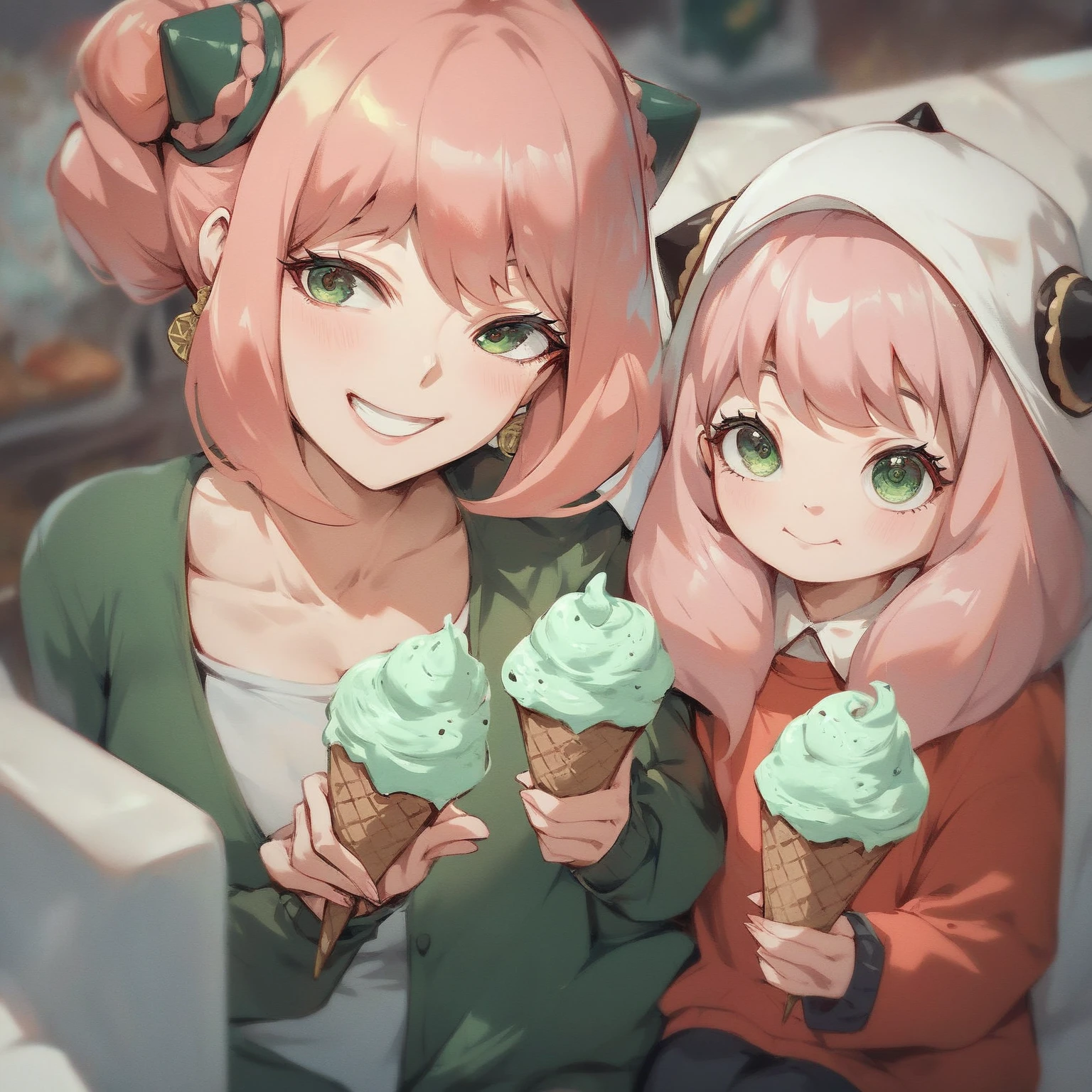 Realistic hand drawn style with cute elf characters、Everyone is eating a big parfait for the party
