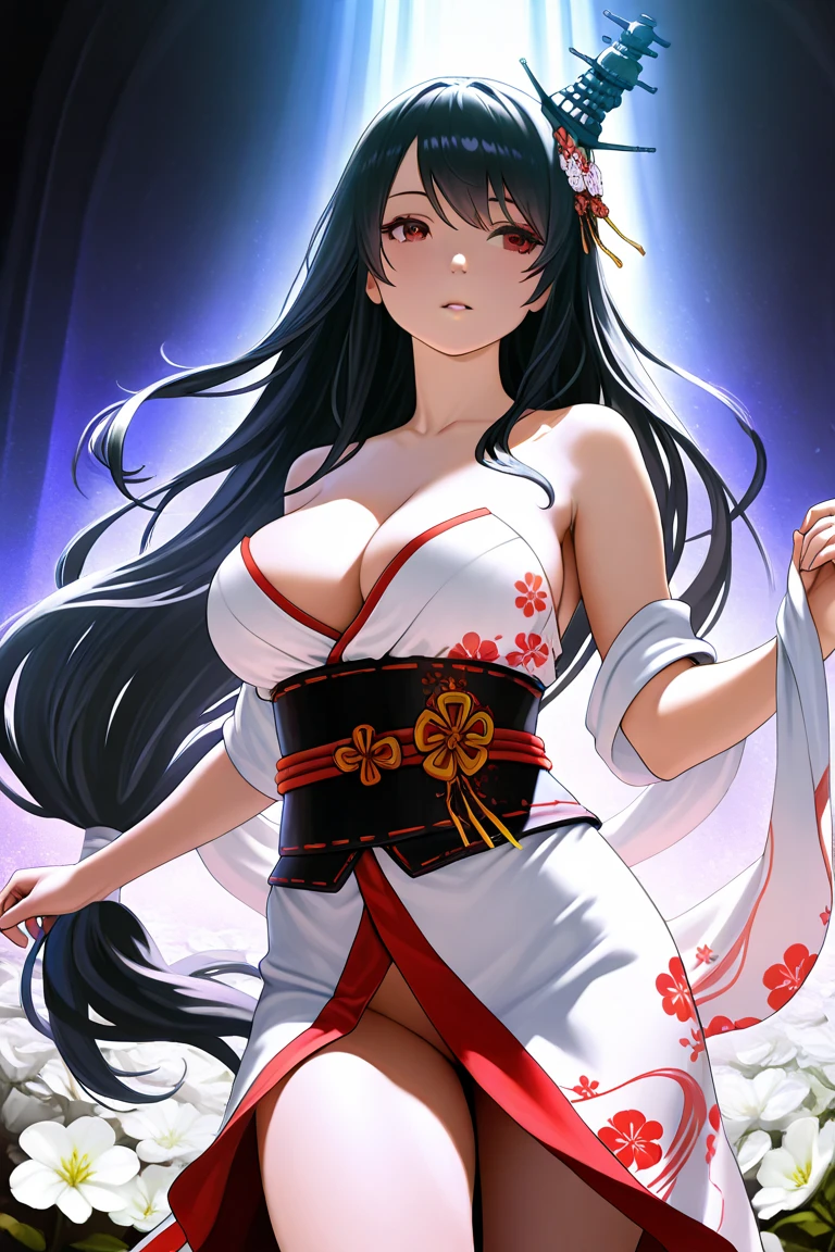 ((((Very nice smile))))、(((おでこを出す:1.5)))、((Direct your gaze this way))、1 girl,NsfW,(one peace wanokuni edition)、((ponytail、Red ribbon on the tie)) 、((they say olobi))、((A very sexy mini kimono dress with a large slit、(((Kimono obi)))、(((The white kimono is decorated with purple iris flowers)))、((Wearing a black haori with a red lining)),Exposed underboob)):1.2, White costume,((Short costume)),(((nico robin))),(ONEPIECE),((Huge breasts 1.8)), clavicle, Glowing purple eyes,absurdists, brainwashing,Hollow Eyes, ((Expressionless, Emotional removal)),avert your eyes , Full body portrait, Outdoor,Dim Alley,night, (highest quality、4K、8K、High resolution、Must have:1.2)、Very detailed、(reality、It is realistic.、Realistic:1.37)、ticker、hyper HD、Studio Lighting、Ultra High Definition Paint、Sharp focus、Physically Based Rendering、Extreme Detail、Professional specifications、Vibrancy and color、Blurred、Sports portrait、landscape、Horror Style、Anime Big Tits、sf、photograph、Concept Artist、Five Fingers, Perfect body, {{{masterpiece}}}, {{{highest quality}}}, {{Very detailed}}, {shape}, {{Very delicate and beautiful}},Improved cost performance、all roles、Canon 5D MK4でphotograph、photograph, ((((The back is surrounded by many flowers on the vast grassland、She is centered in the frontal shot、Surrounded by flowers that cover the background、sun shine、Illuminated by a dazzling light、Heavenly Sunshine))))