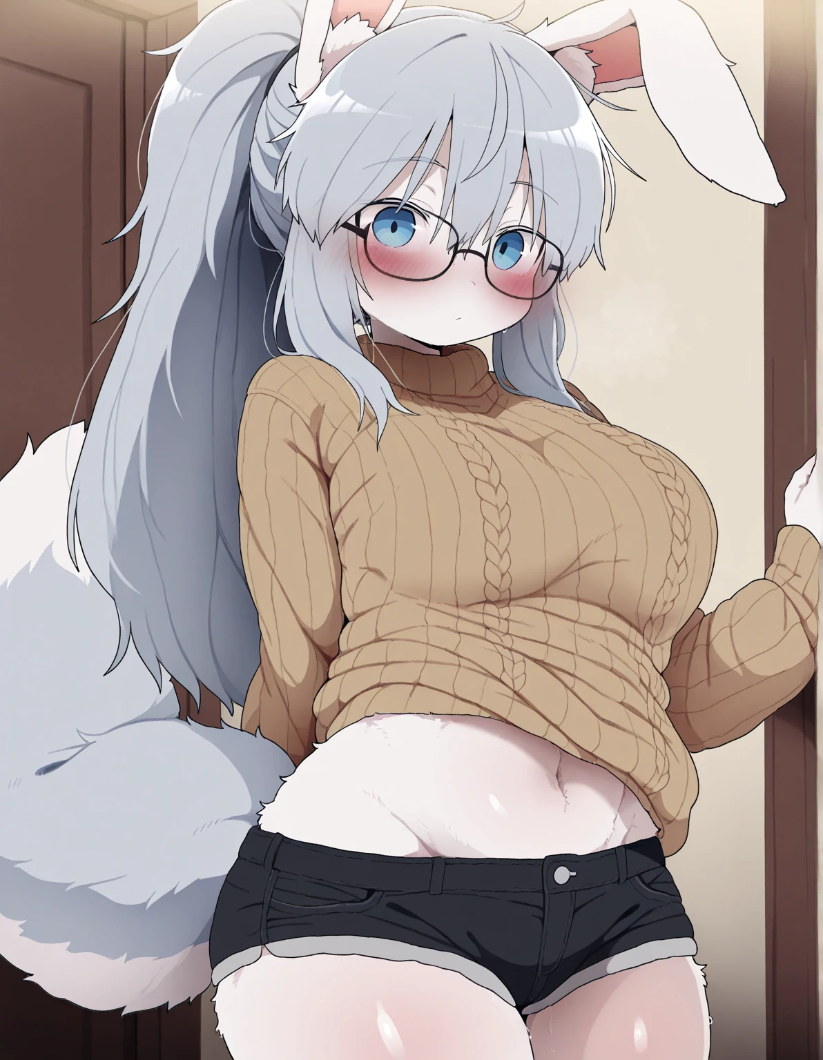 by meesh, (best quality, masterpiece:1), solo, anthro, furry, female, ((Snow Leopard)), blue eyes, white hair, shaggy long hair, portrait, fingers, finger claws, looking at viewer, snow leopard tail, ((large tuft of hair on the chest)), ((naked)), ((medium breasts)), perky, braces on teeth, dull eyes, glasses, ((1woman)), lake area, white fur, fluffy fur, shaggy fur, close up photo, close up of vagina, ((open vagina)), ((legs up)), ((visible cervix)), ((wet vagina))
