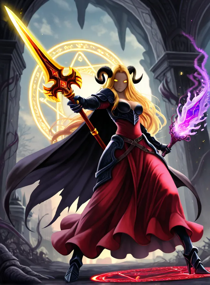 Lora Workflow Description:<br><br>This Lora (Low-Rank Adaptation) workflow focuses on generating a character resembling "Lyra, the Abyssal Blade-Mistress," embodying a powerful, dark fantasy aesthetic.<br><br>Key Elements and Parameters to Target:<br><br>Character Archetype: Demonic/Dark Sorceress, Battle-Mage, or Shadow Knight. Emphasize a strong, dominant, and slightly mysterious presence.<br><br>Hair: Long, flowing golden or light blonde hair, with a hint of red or orange undertones, suggesting a fiery or magical essence. Should have volume and a dynamic flow as if in motion.<br><br>Horns: Prominent, curved, dark (possibly black or deep grey) horns, typical of a succubus or demoness, positioned atop the head.<br><br>Eyes: Glowing, ethereal yellow or orange eyes, lacking discernible pupils, to convey a supernatural or magical nature.<br><br>Armor: Form-fitting, dark (black or deep charcoal) plate armor with glossy highlights, specifically on the shoulders, gauntlets, and greaves. The armor should have sharp, angular designs that blend seamlessly with the fabric.<br><br>Attire: A striking deep red dress or gown, with a ??? revealing one leg. The fabric should appear rich and flowing, contrasting with the hard edges of the armor. A dark, sweeping cape or cloak, possibly with a tattered or ethereal quality, should drape from the shoulders.<br><br>Weapon: A large, two-handed, ornate greatsword or polearm. The blade should be infused with glowing purple energy, emanating magical particles or a dark aura. The design should be intricate and menacing.<br><br>Magic/Aura: A strong emphasis on purple magical effects. This includes a glowing purple runic circle or arcane symbol at the character's feet, purple energy around the weapon, and potentially faint purple mist or lightning in the background. The energy should appear powerful and volatile.<br><br>Environment: A dark, foreboding fantasy setting. This could include ruined gothic architecture, dark stone structures, or a desolate landscape with hints of a distant, shadowy castle or city. The background should suggest a realm of darkness or a magically corrupted land.<br><br>Lighting: Dramatic and atmospheric lighting. Strong highlights on the character, particularly on the glowing elements (eyes, weapon, magic), contrasted with deep shadows to enhance the dark fantasy mood. A twilight or sunset sky with ominous clouds could provide a vibrant backdrop.<br><br>Tentacles/Abyssal Elements: Subtle integration of dark, shadowy tentacles or tendrils emerging from the ground or background, particularly around the magical effects, to reinforce the "Abyssal" theme.<br><br>Prompting Considerations:<br><br>Use tags like dark fantasy, sorceress, demoness, armored, glowing eyes, glowing weapon, magic circle, purple magic, horns, long hair, red dress, black armor, cape.<br><br>Experiment with different levels of detailed, masterpiece, best quality to achieve desired rendering.<br><br>Adjust weight for specific elements (e.g., (glowing purple greatsword:1.3)) to emphasize them.<br>