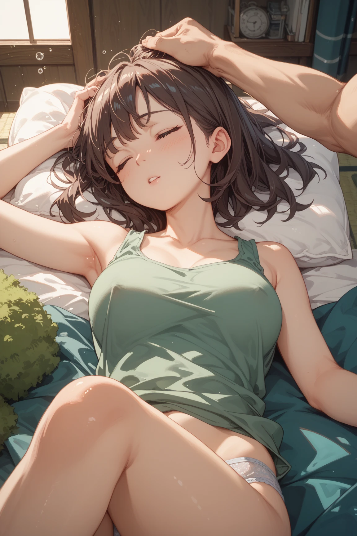 NSFW　(Highest quality:1.5, High resolution, uhd, 4K, Detailed lighting, Shaders), Misaka Mikoto,solo short hair　Brown Hair　Brown eyes　Cool face　((topless))++　　(((((Close ~ eyes))))　sleeping face　sleep　Lying on the grass　cute black panties　Realistic sun rays　 Sweat　Super oily skin　Beautiful Abs