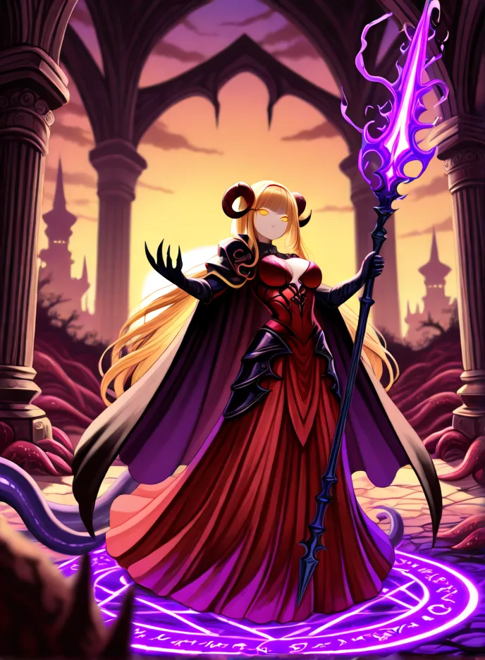 Lora Workflow Description:<br><br>This Lora (Low-Rank Adaptation) workflow focuses on generating a character resembling "Lyra, the Abyssal Blade-Mistress," embodying a powerful, dark fantasy aesthetic.<br><br>Key Elements and Parameters to Target:<br><br>Character Archetype: Demonic/Dark Sorceress, Battle-Mage, or Shadow Knight. Emphasize a strong, dominant, and slightly mysterious presence.<br><br>Hair: Long, flowing golden or light blonde hair, with a hint of red or orange undertones, suggesting a fiery or magical essence. Should have volume and a dynamic flow as if in motion.<br><br>Horns: Prominent, curved, dark (possibly black or deep grey) horns, typical of a succubus or demoness, positioned atop the head.<br><br>Eyes: Glowing, ethereal yellow or orange eyes, lacking discernible pupils, to convey a supernatural or magical nature.<br><br>Armor: Form-fitting, dark (black or deep charcoal) plate armor with glossy highlights, specifically on the shoulders, gauntlets, and greaves. The armor should have sharp, angular designs that blend seamlessly with the fabric.<br><br>Attire: A striking deep red dress or gown, with a ??? revealing one leg. The fabric should appear rich and flowing, contrasting with the hard edges of the armor. A dark, sweeping cape or cloak, possibly with a tattered or ethereal quality, should drape from the shoulders.<br><br>Weapon: A large, two-handed, ornate greatsword or polearm. The blade should be infused with glowing purple energy, emanating magical particles or a dark aura. The design should be intricate and menacing.<br><br>Magic/Aura: A strong emphasis on purple magical effects. This includes a glowing purple runic circle or arcane symbol at the character's feet, purple energy around the weapon, and potentially faint purple mist or lightning in the background. The energy should appear powerful and volatile.<br><br>Environment: A dark, foreboding fantasy setting. This could include ruined gothic architecture, dark stone structures, or a desolate landscape with hints of a distant, shadowy castle or city. The background should suggest a realm of darkness or a magically corrupted land.<br><br>Lighting: Dramatic and atmospheric lighting. Strong highlights on the character, particularly on the glowing elements (eyes, weapon, magic), contrasted with deep shadows to enhance the dark fantasy mood. A twilight or sunset sky with ominous clouds could provide a vibrant backdrop.<br><br>Tentacles/Abyssal Elements: Subtle integration of dark, shadowy tentacles or tendrils emerging from the ground or background, particularly around the magical effects, to reinforce the "Abyssal" theme.<br><br>Prompting Considerations:<br><br>Use tags like dark fantasy, sorceress, demoness, armored, glowing eyes, glowing weapon, magic circle, purple magic, horns, long hair, red dress, black armor, cape.<br><br>Experiment with different levels of detailed, masterpiece, best quality to achieve desired rendering.<br><br>Adjust weight for specific elements (e.g., (glowing purple greatsword:1.3)) to emphasize them.<br>